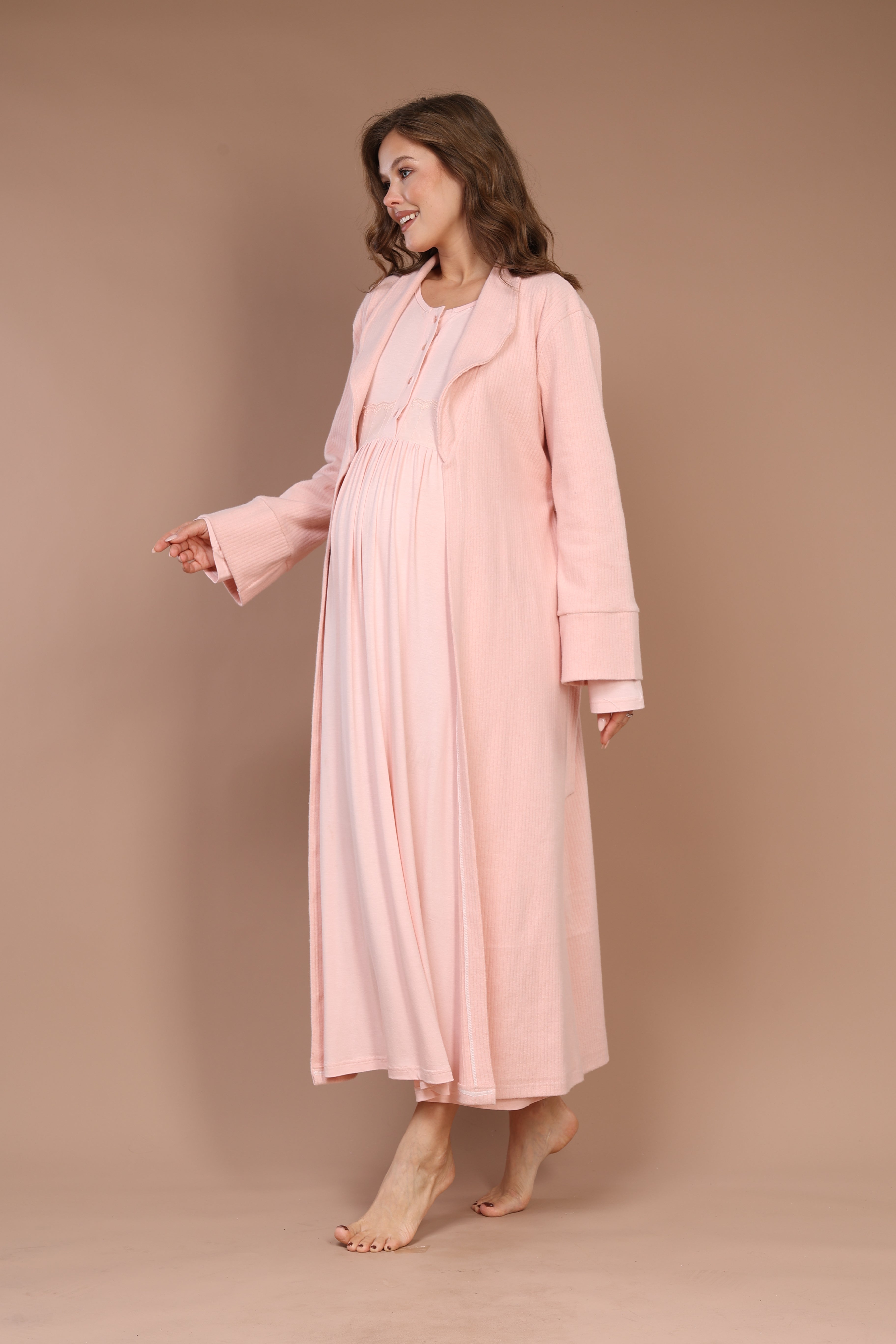 Front-Button Powder-Pink Robe Set with Maternity Nightgown 608