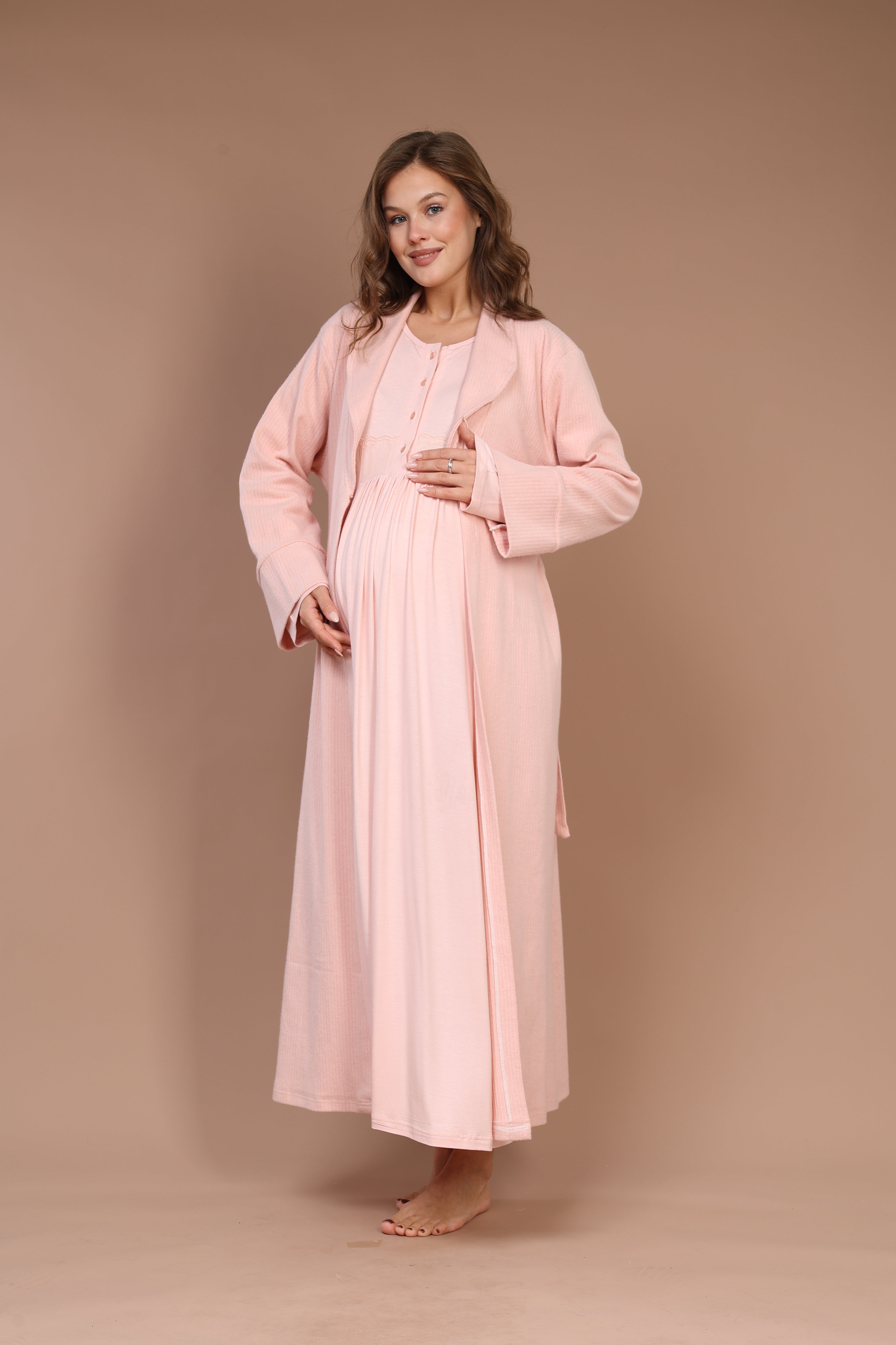 Front-Button Powder-Pink Robe Set with Maternity Nightgown 608