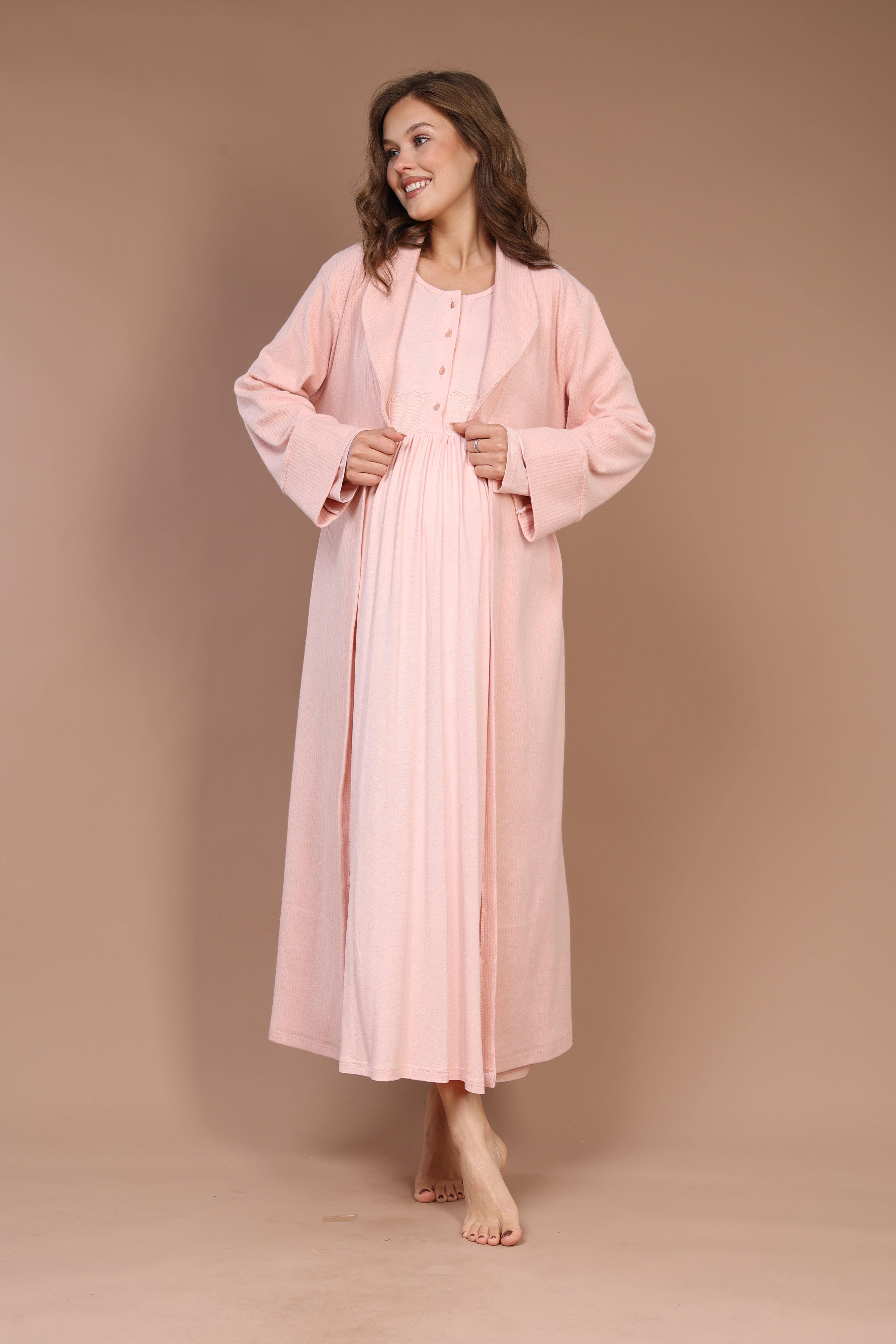 Front-Button Powder-Pink Robe Set with Maternity Nightgown 608