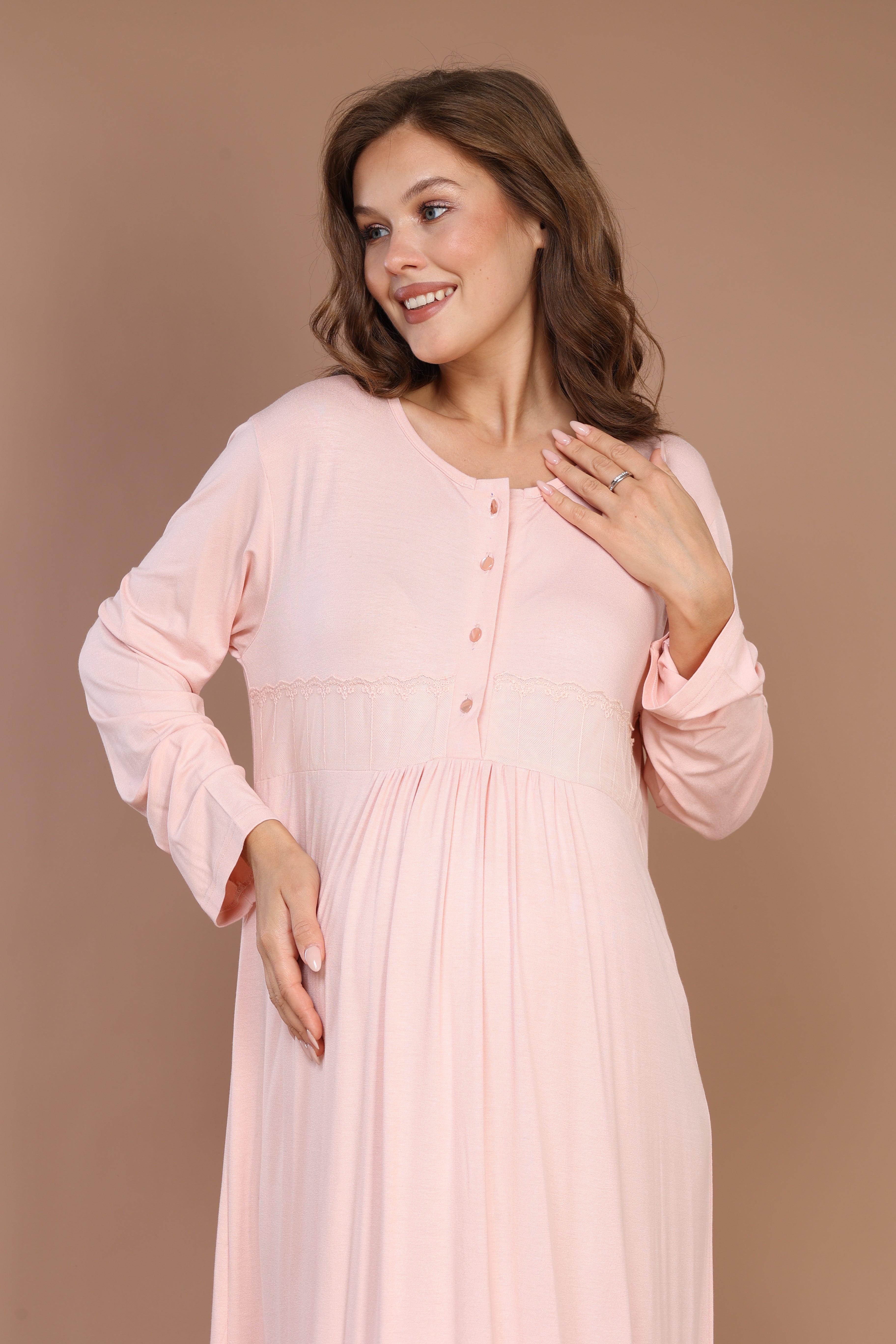 Front-Button Powder-Pink Robe Set with Maternity Nightgown 608