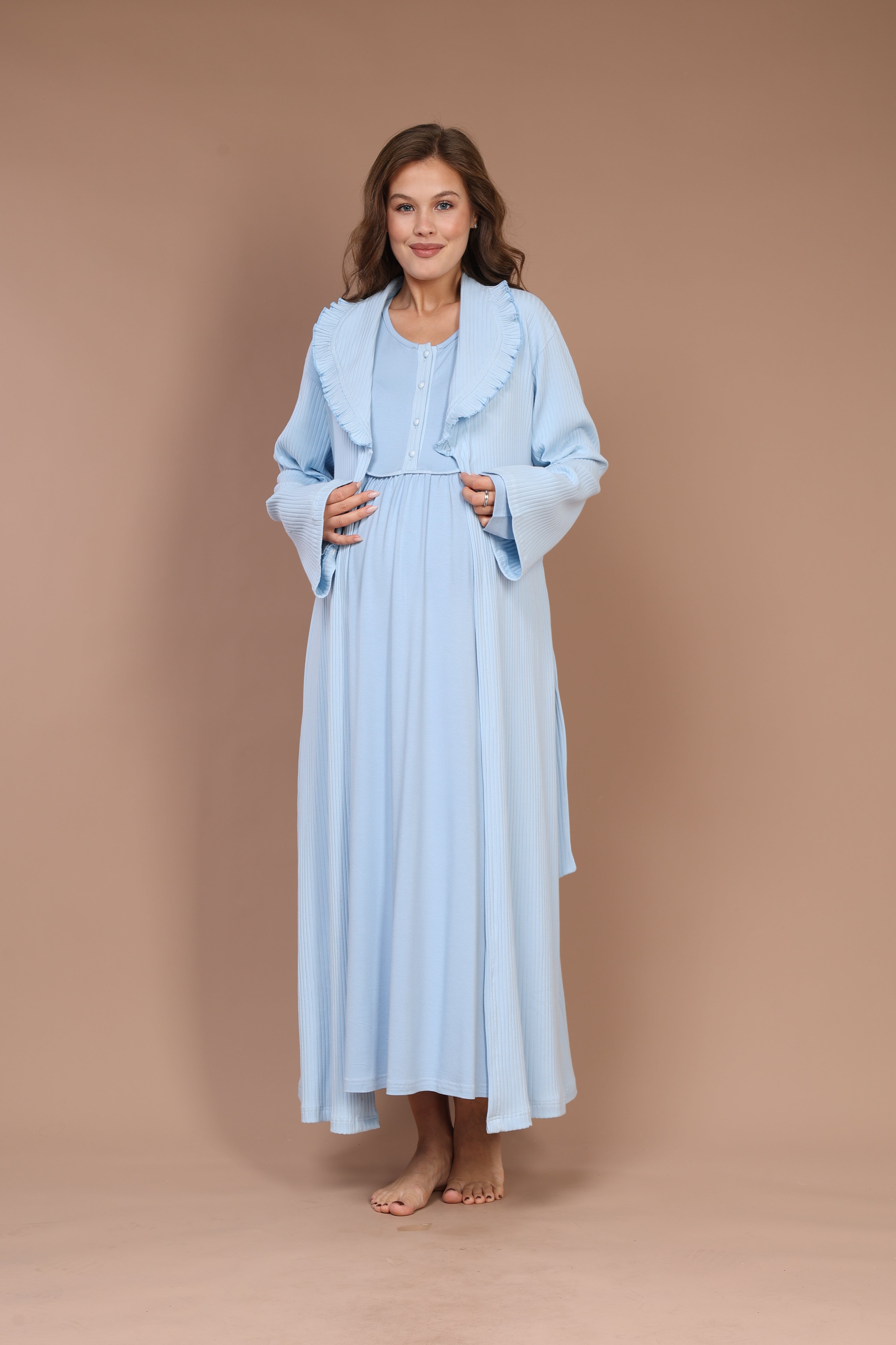 Front-Button Collar-Detail Robe Set with Maternity Nightgown 610