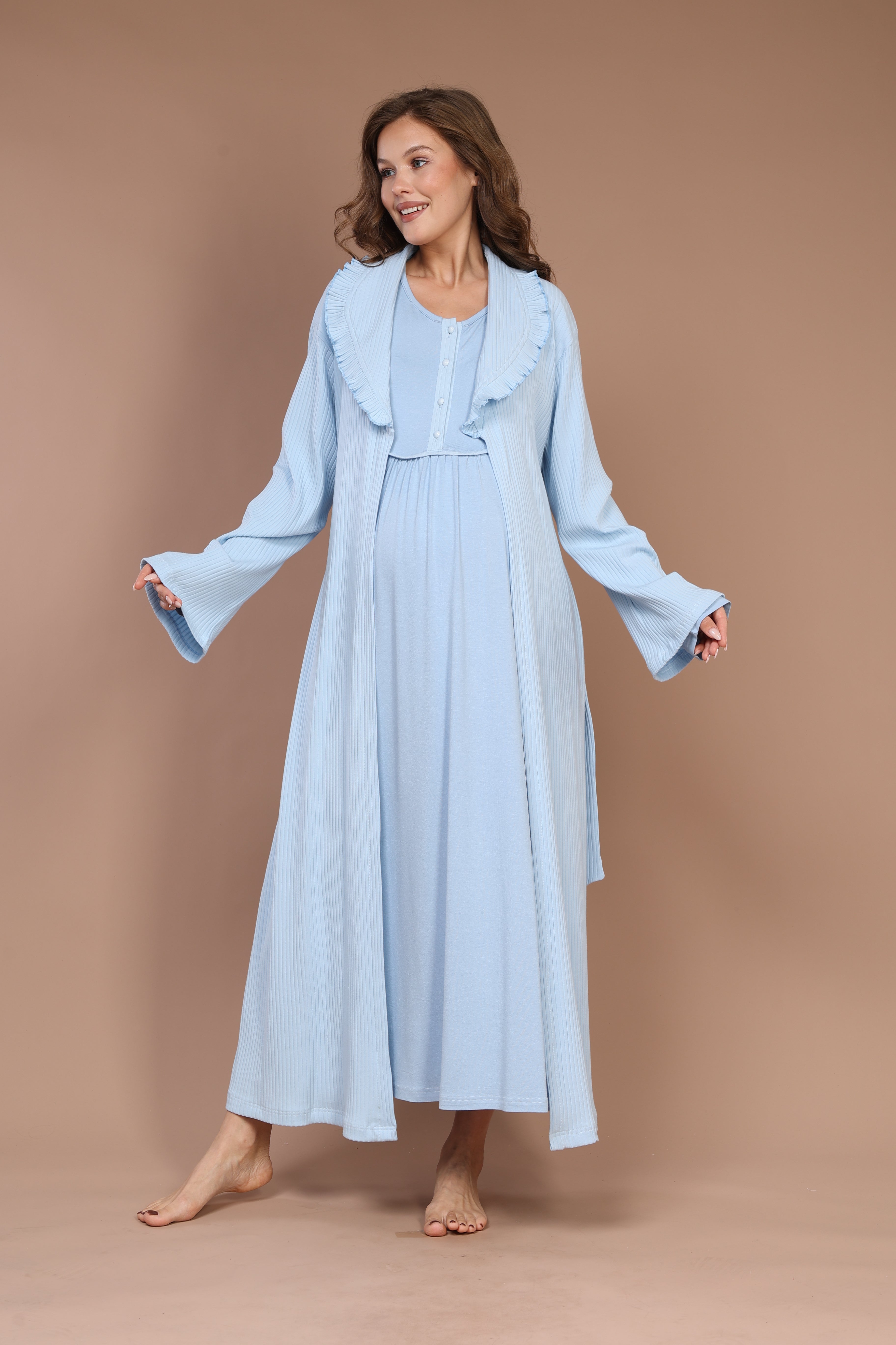 Front-Button Collar-Detail Robe Set with Maternity Nightgown 610