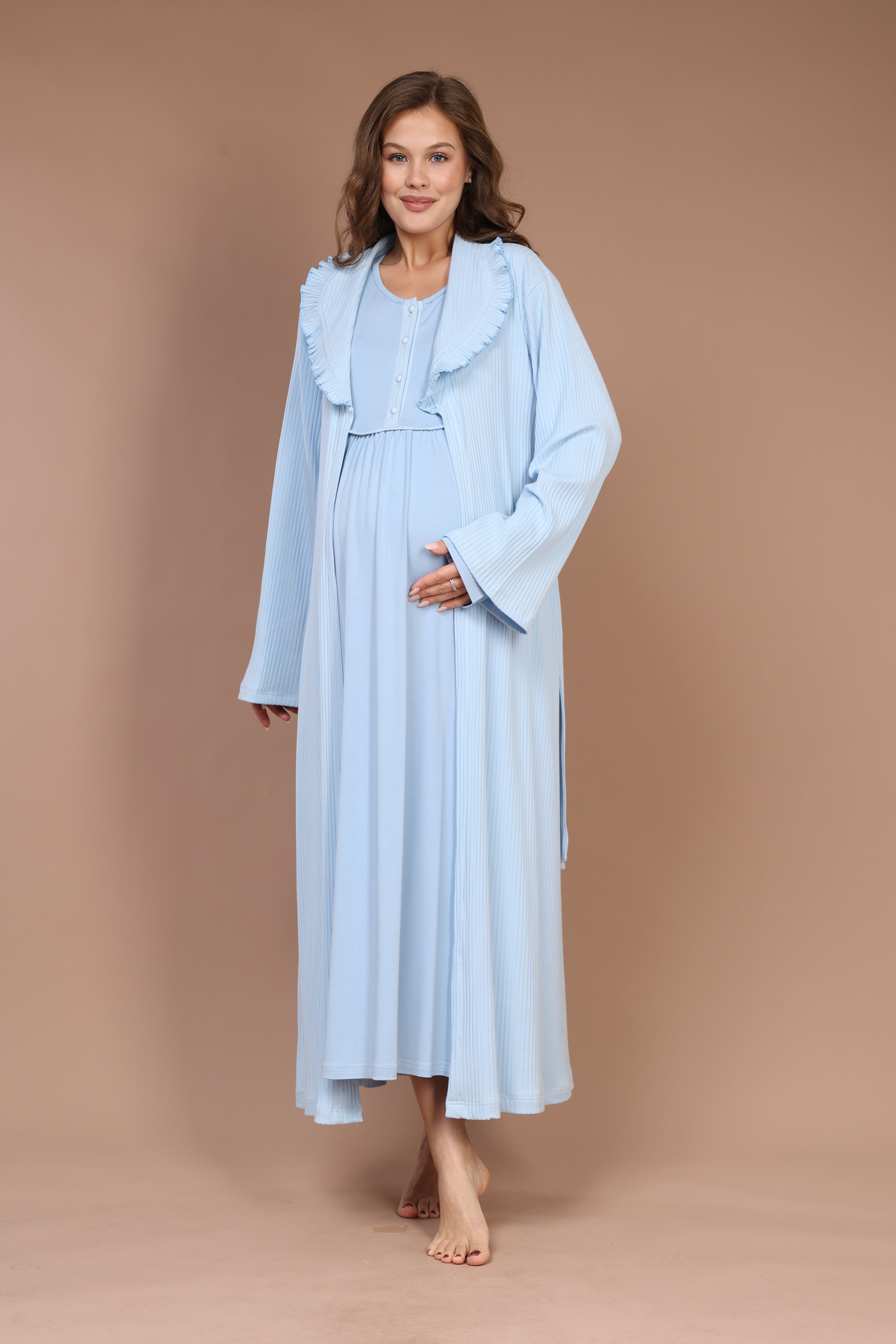 Front-Button Collar-Detail Robe Set with Maternity Nightgown 610