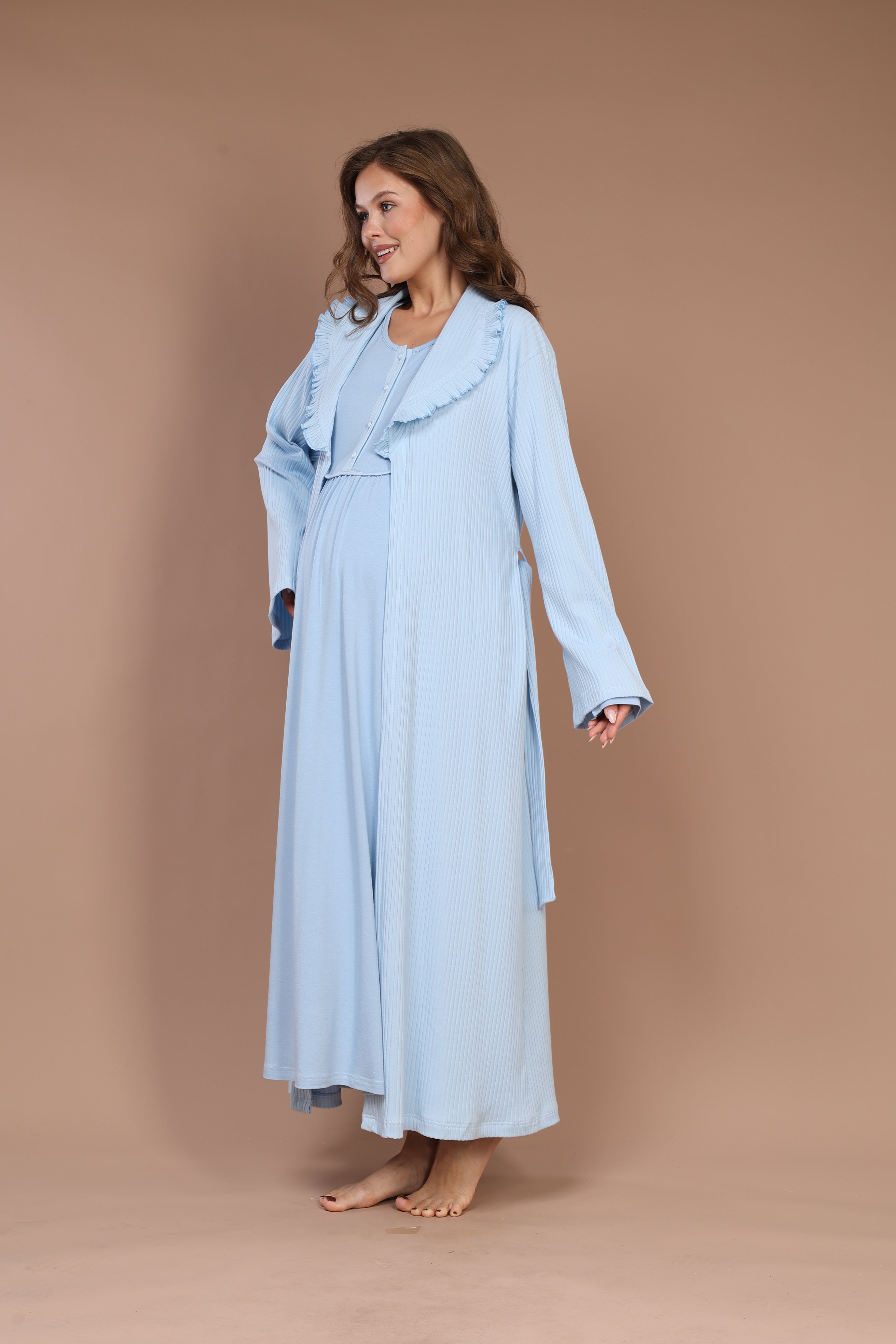 Front-Button Collar-Detail Robe Set with Maternity Nightgown 610