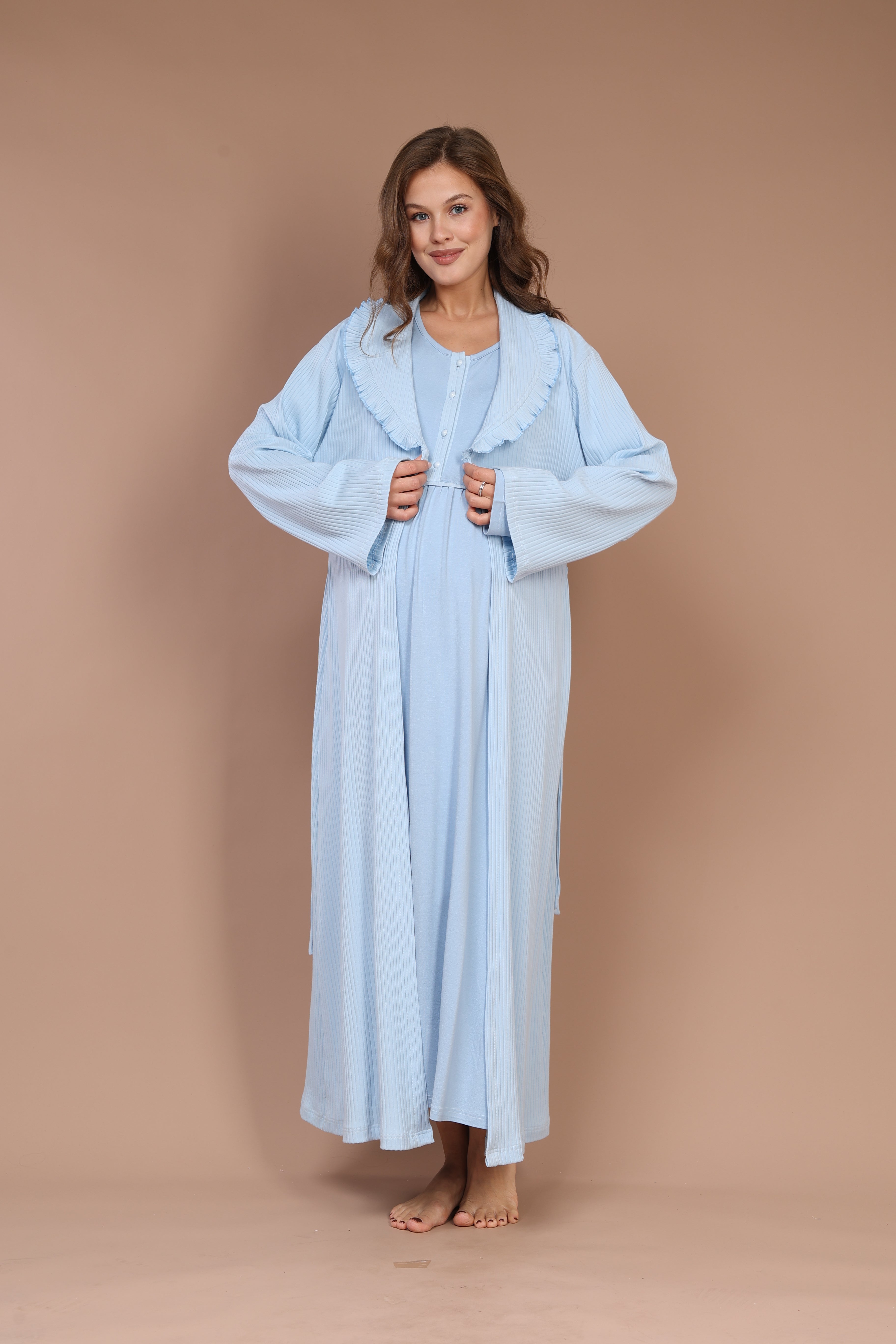 Front-Button Collar-Detail Robe Set with Maternity Nightgown 610