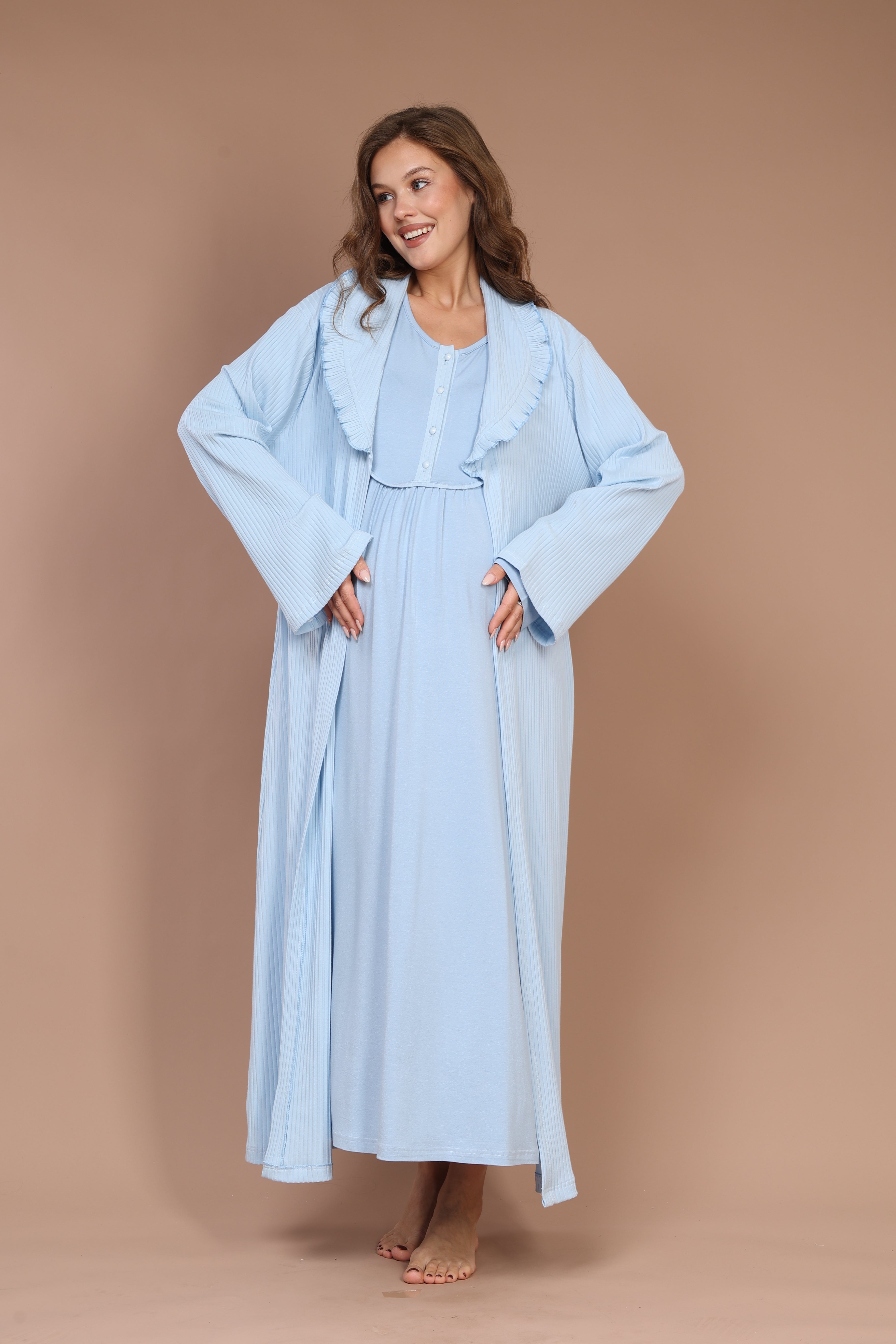 Front-Button Collar-Detail Robe Set with Maternity Nightgown 610