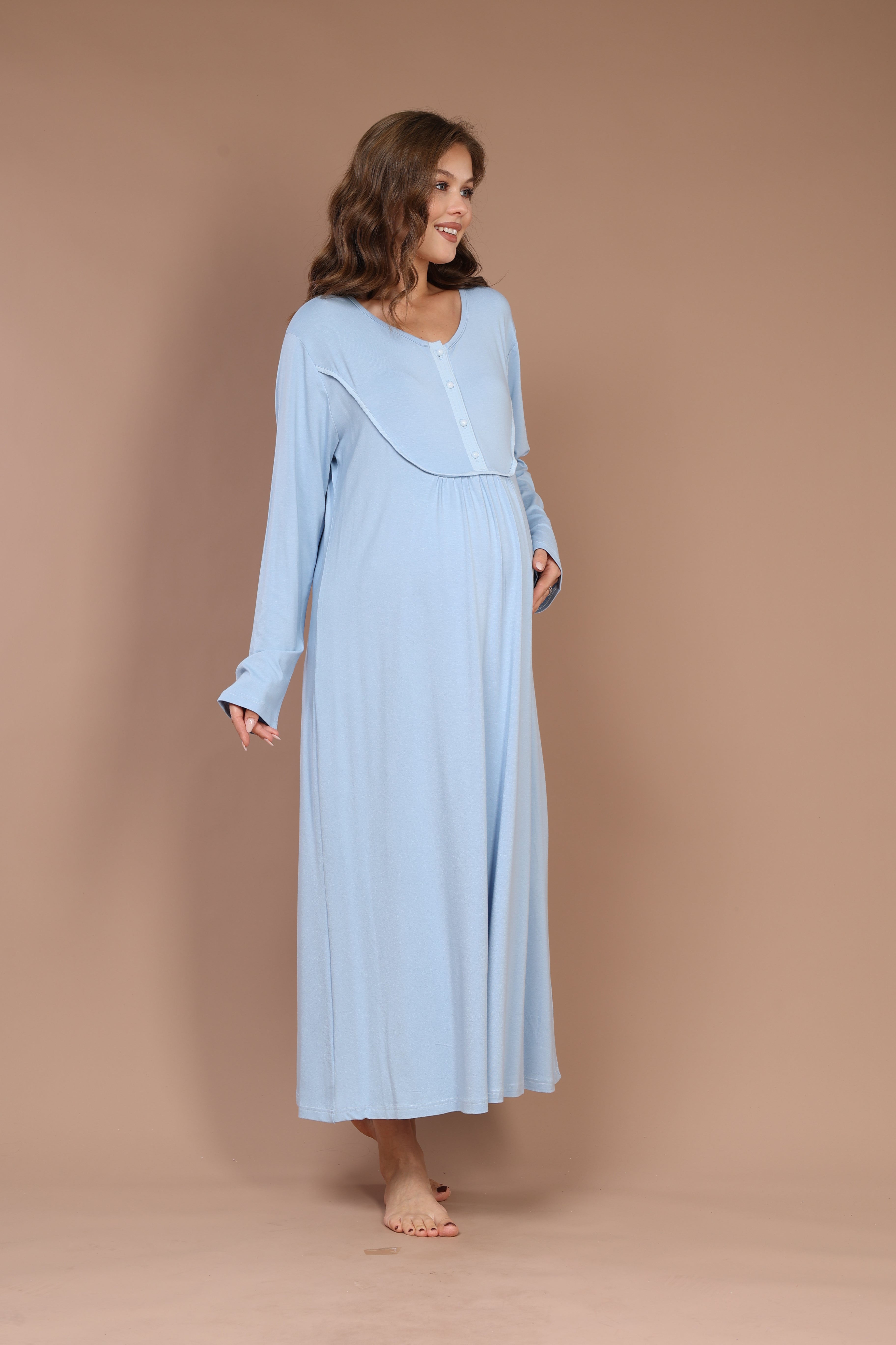 Front-Button Collar-Detail Robe Set with Maternity Nightgown 610