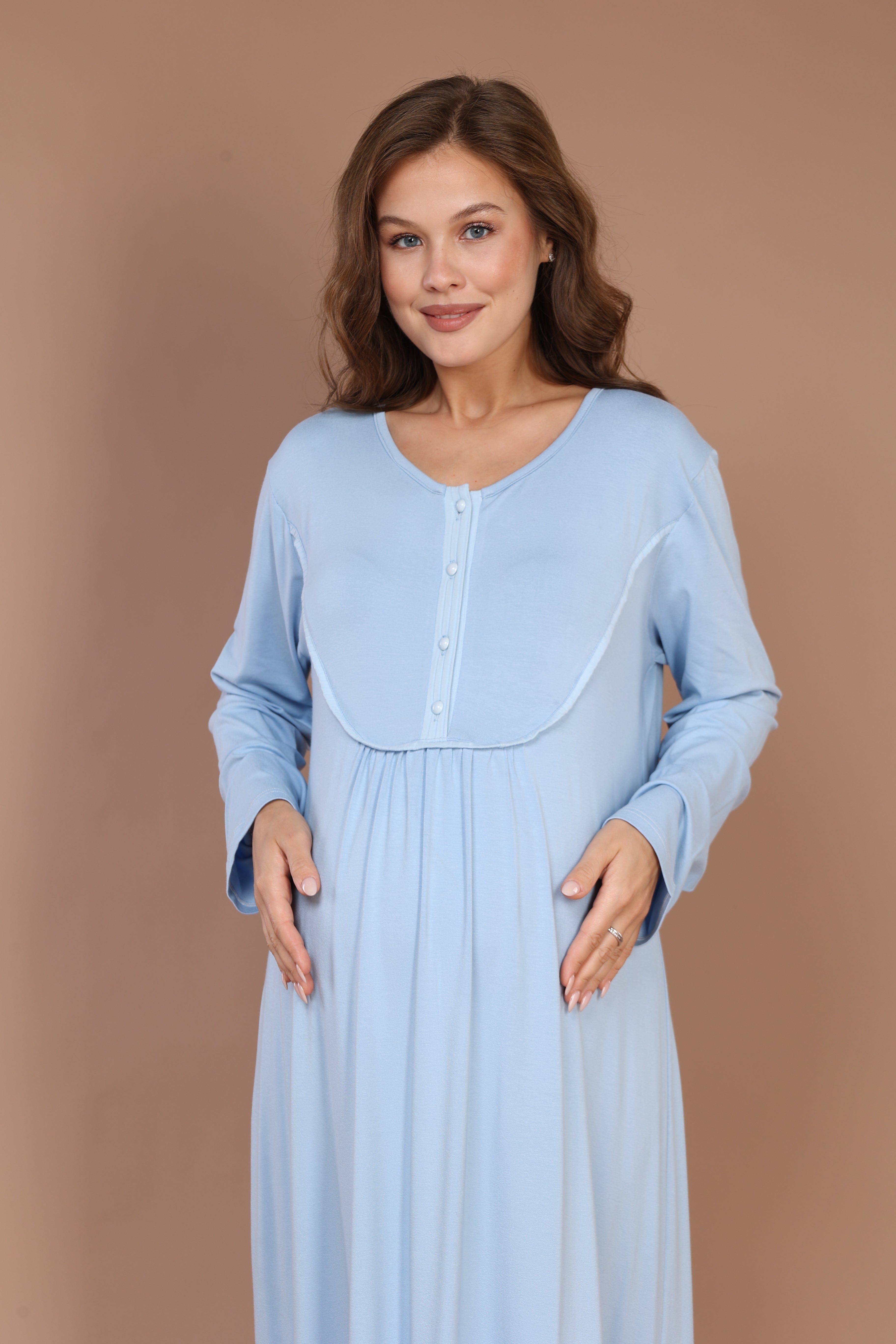 Front-Button Collar-Detail Robe Set with Maternity Nightgown 610