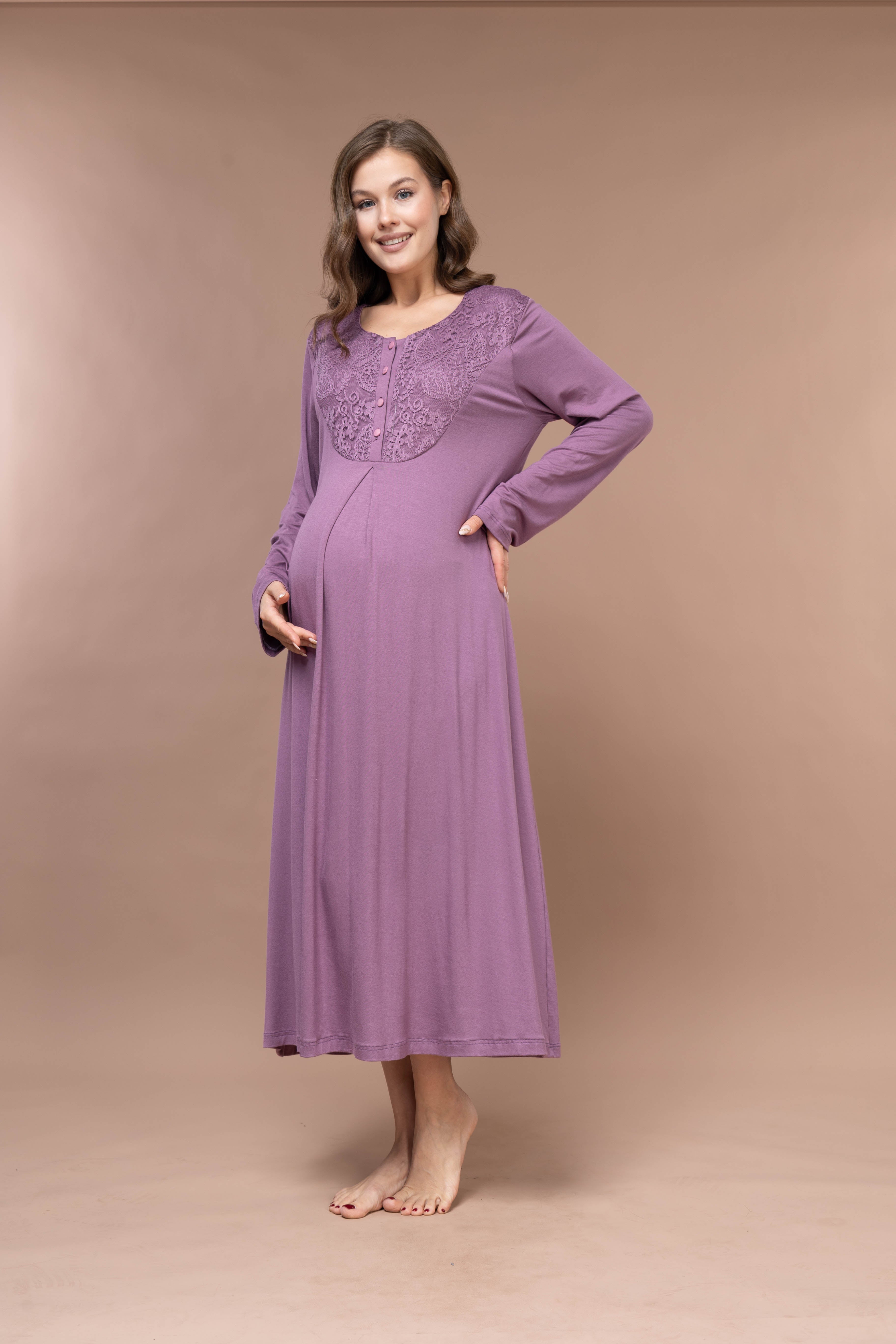 Floral-Pattern Front-Button Lace-Detail Robe Set with Maternity Nightgown 629