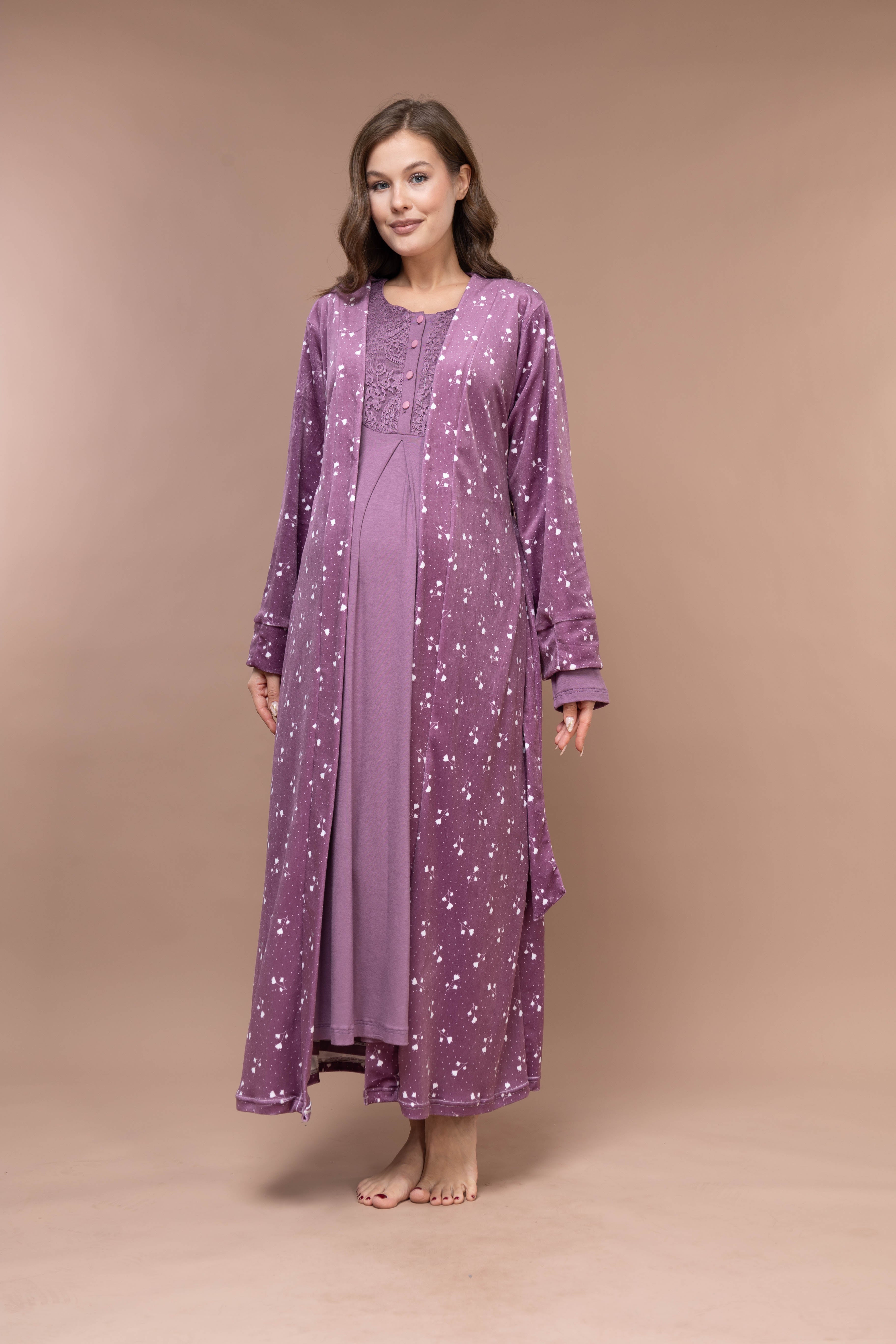 Floral-Pattern Front-Button Lace-Detail Robe Set with Maternity Nightgown 629