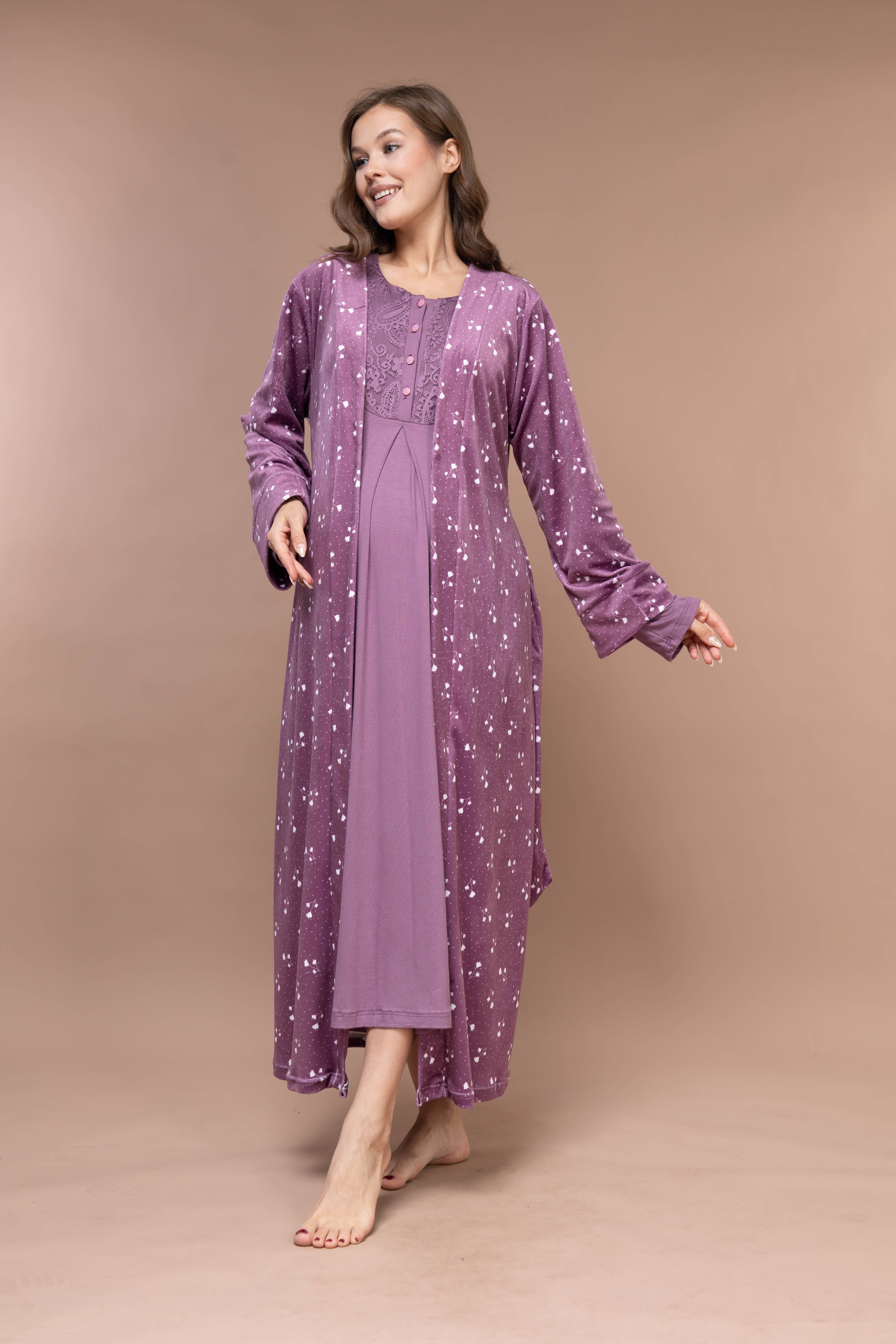 Floral-Pattern Front-Button Lace-Detail Robe Set with Maternity Nightgown 629