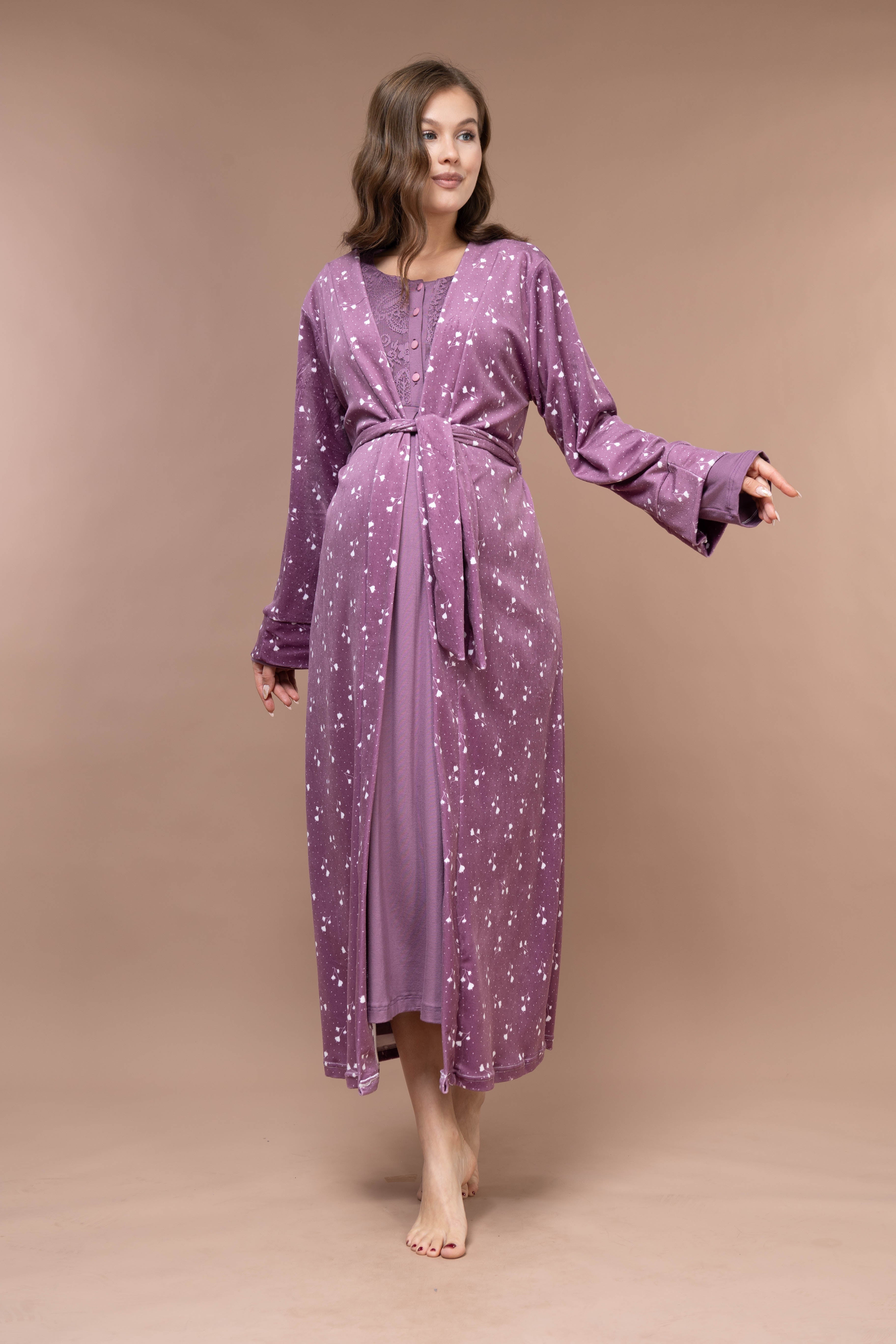 Floral-Pattern Front-Button Lace-Detail Robe Set with Maternity Nightgown 629