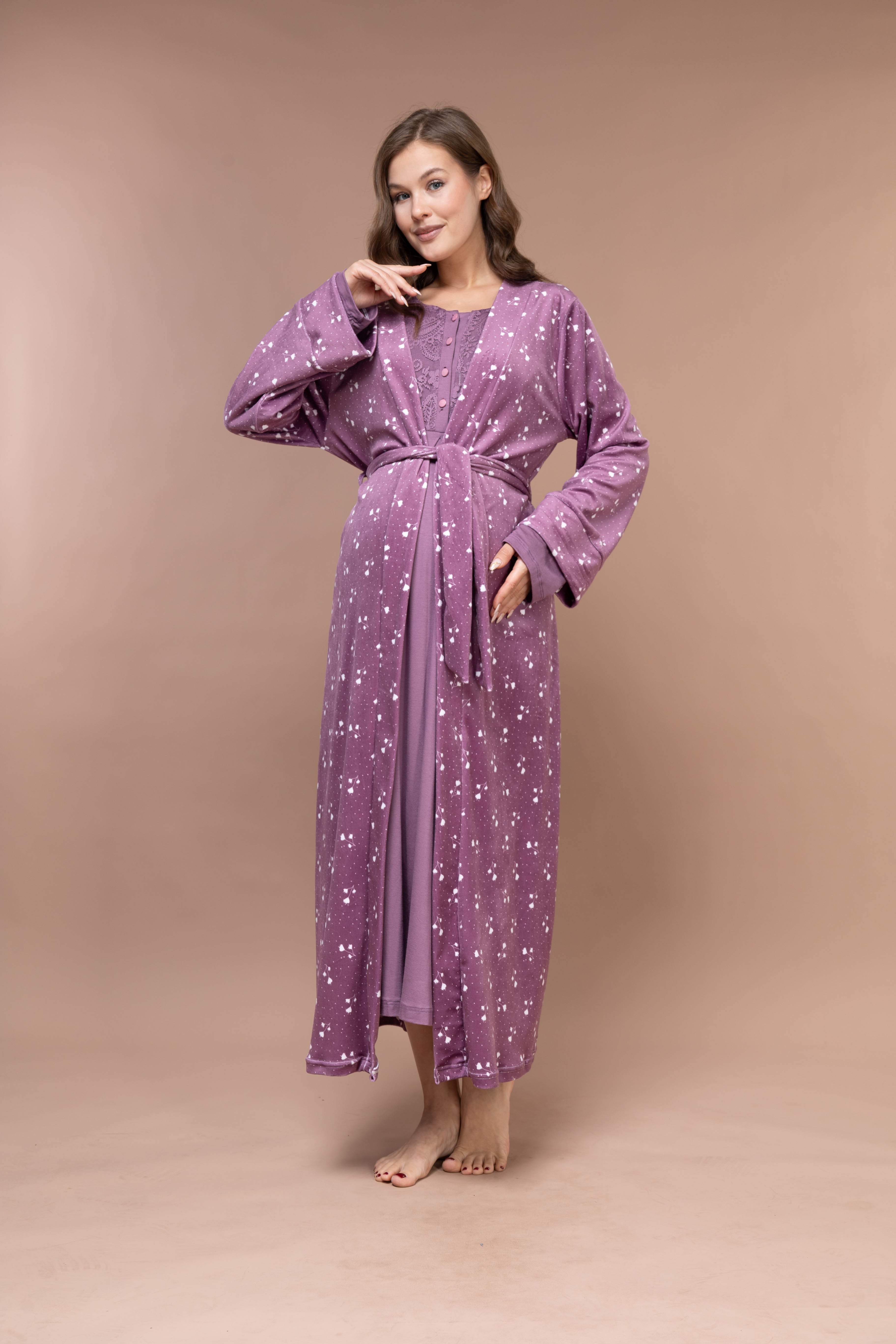 Floral-Pattern Front-Button Lace-Detail Robe Set with Maternity Nightgown 629