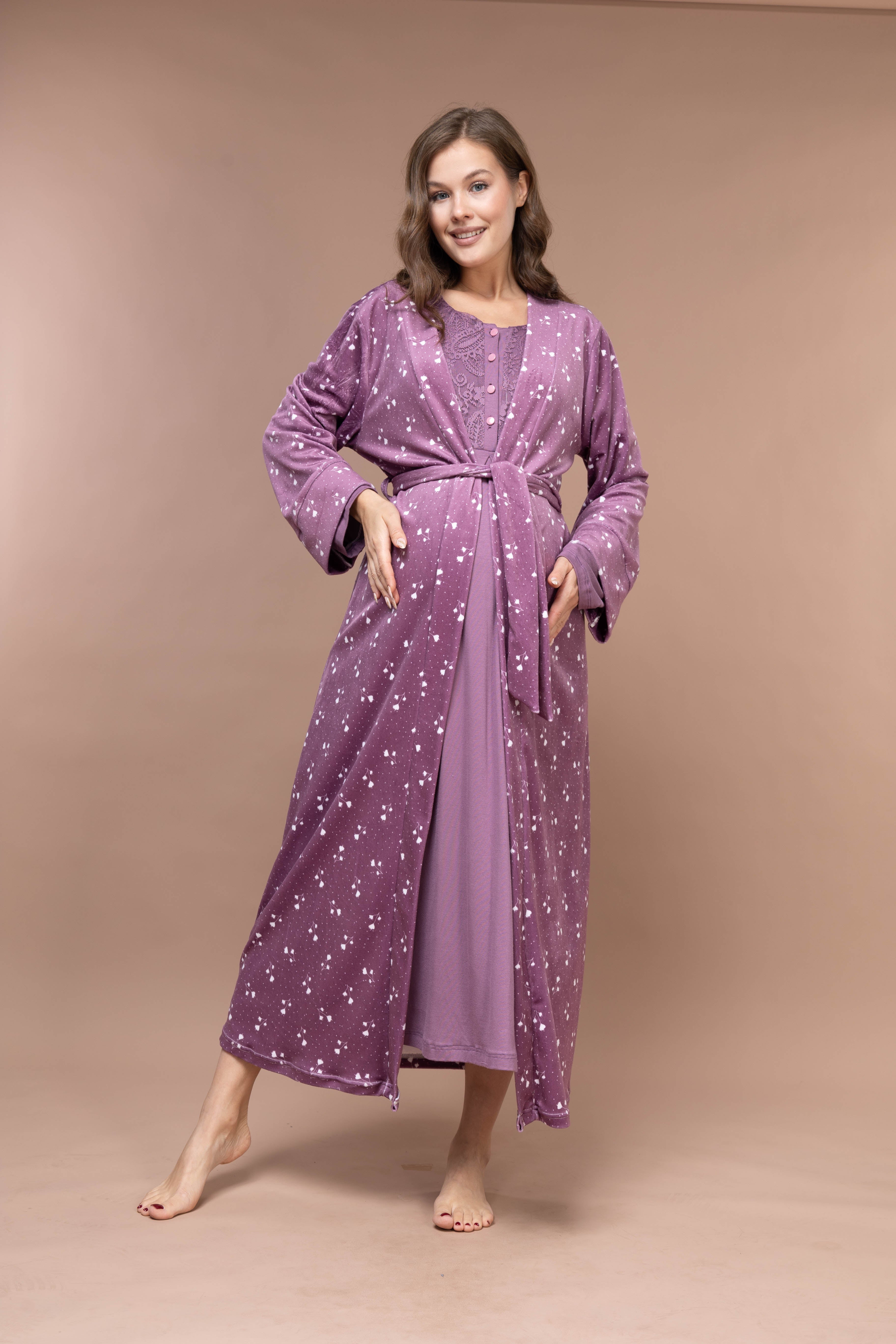 Floral-Pattern Front-Button Lace-Detail Robe Set with Maternity Nightgown 629