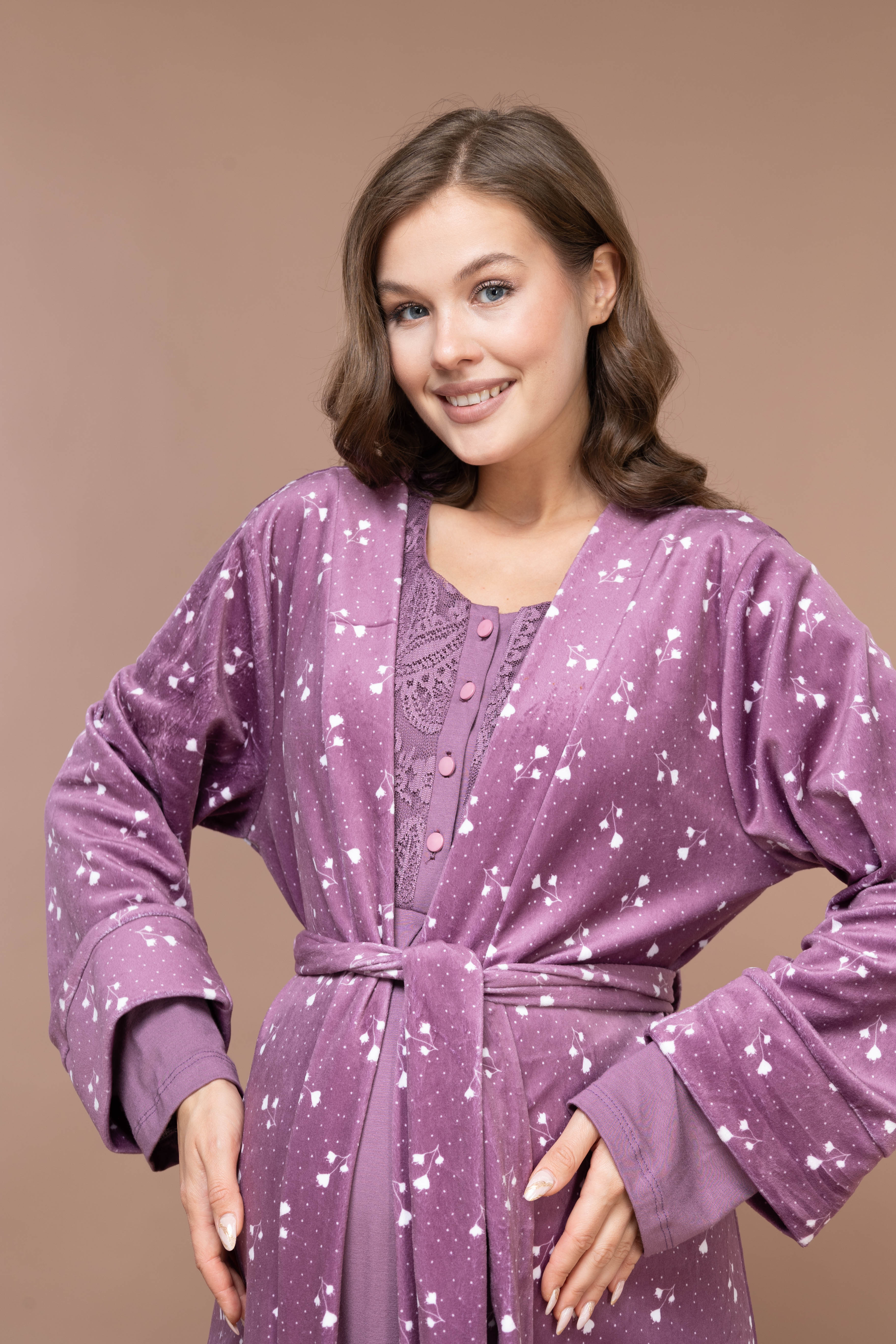 Floral-Pattern Front-Button Lace-Detail Robe Set with Maternity Nightgown 629