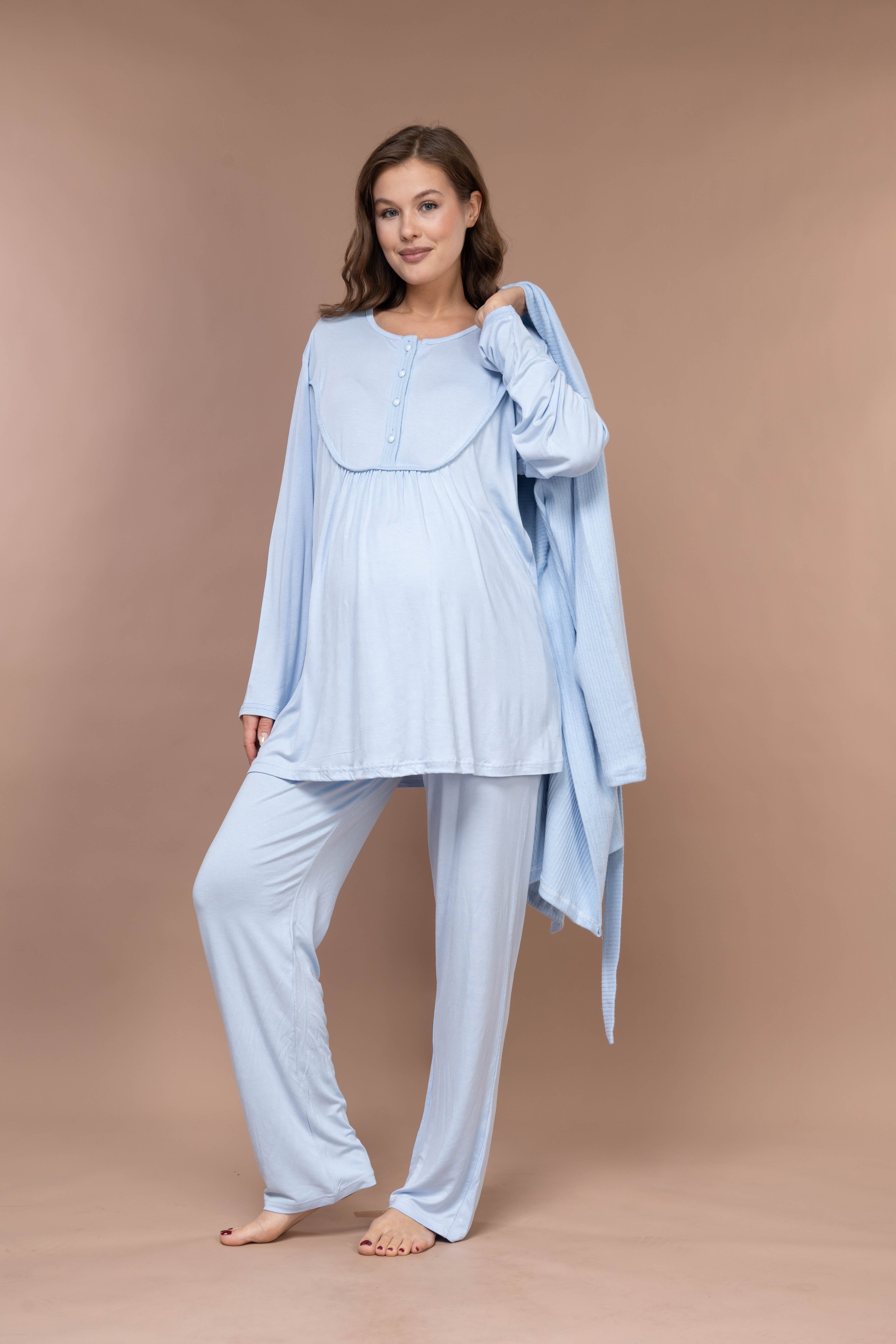 Front-Button Collar-Detail Robe Set with Maternity Pajama 626