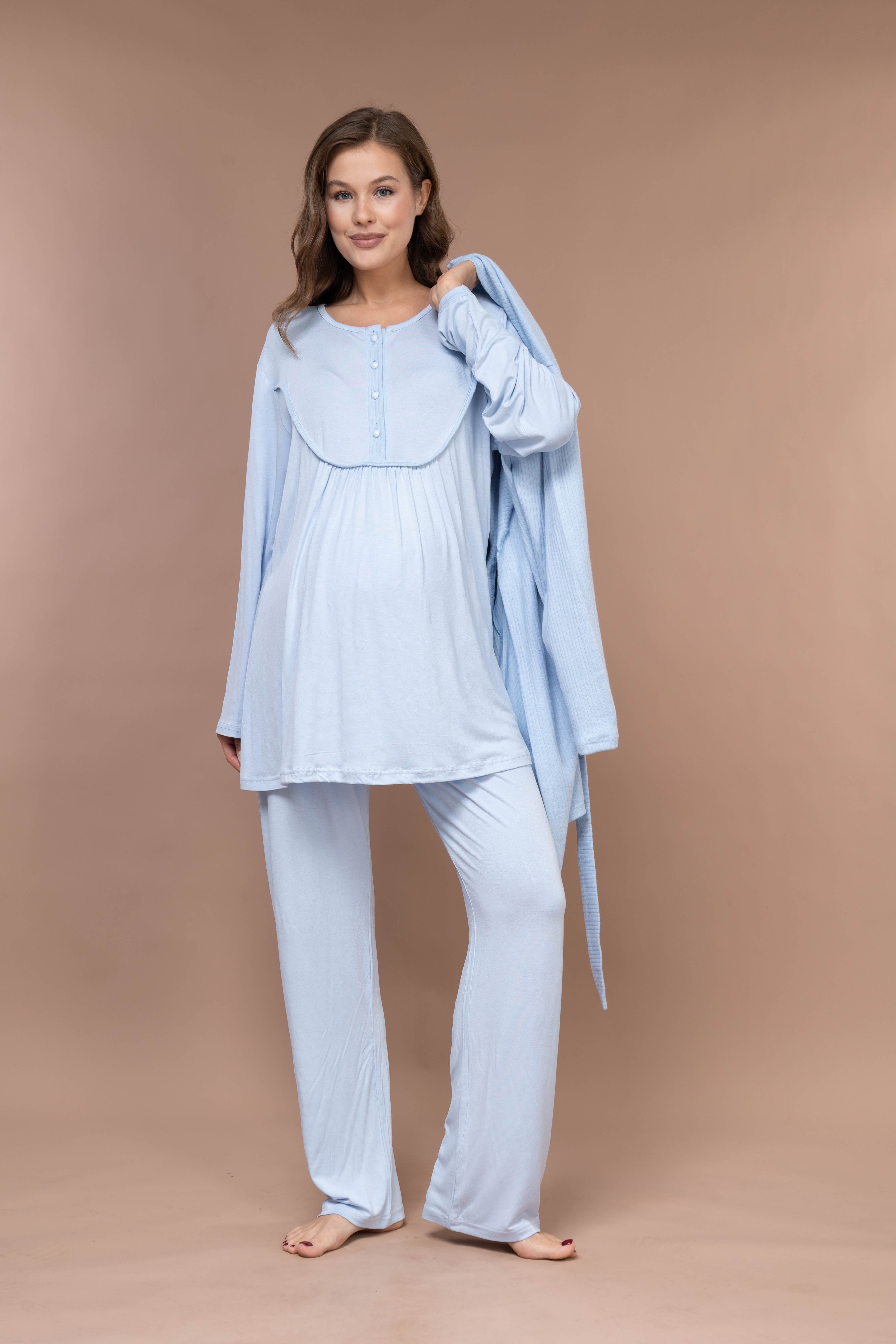 Front-Button Collar-Detail Robe Set with Maternity Pajama 626