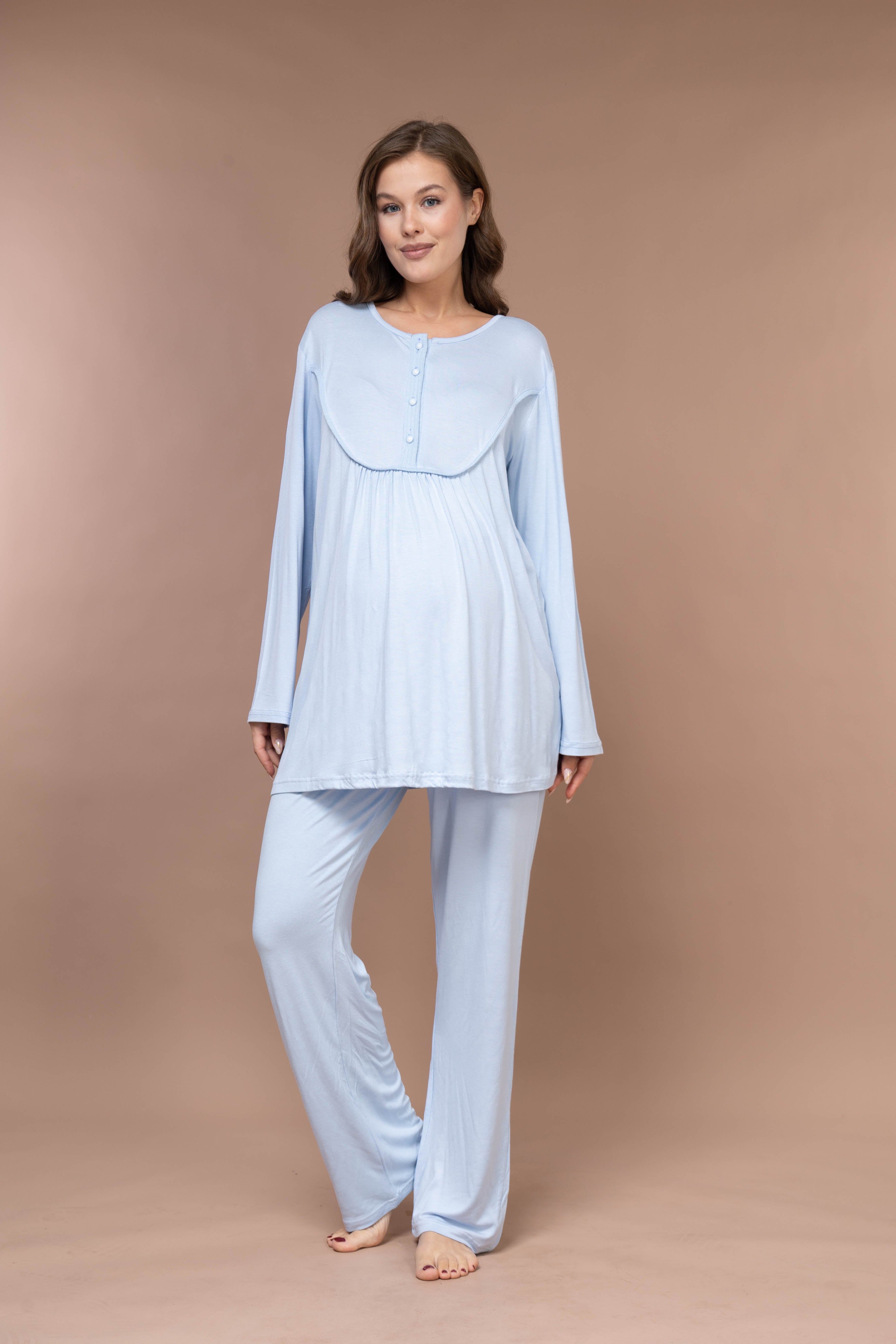 Front-Button Collar-Detail Robe Set with Maternity Pajama 626