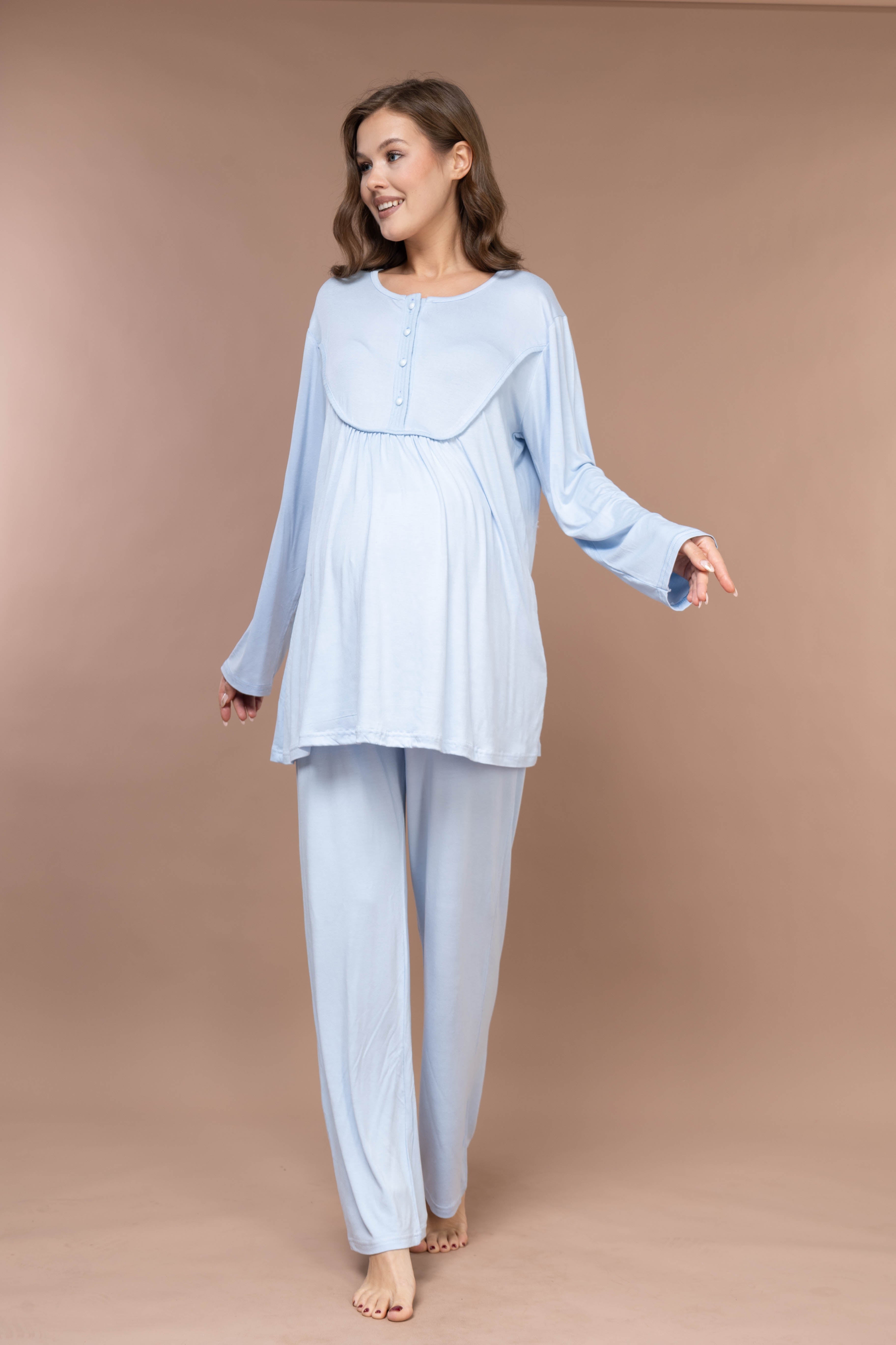 Front-Button Collar-Detail Robe Set with Maternity Pajama 626