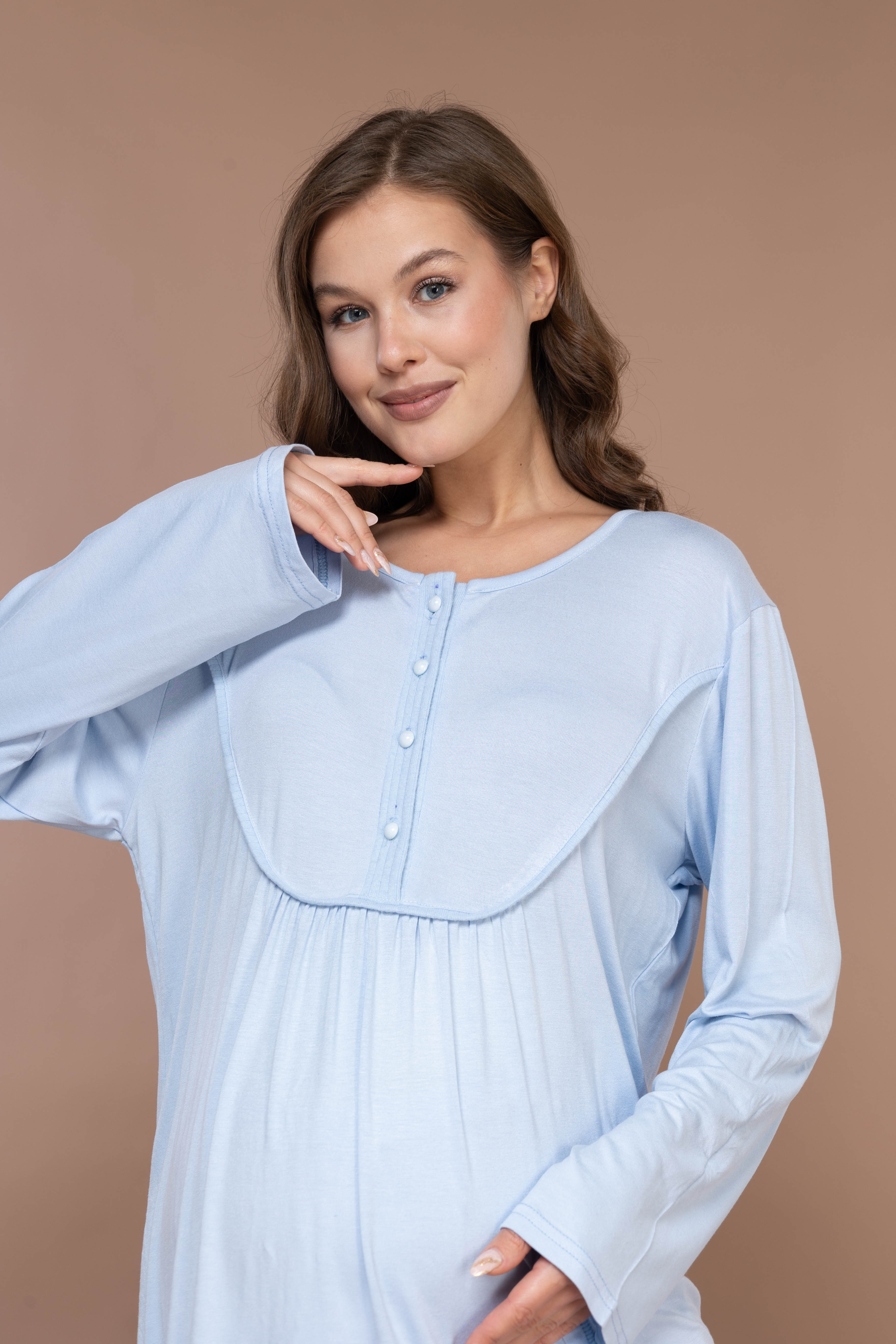 Front-Button Collar-Detail Robe Set with Maternity Pajama 626