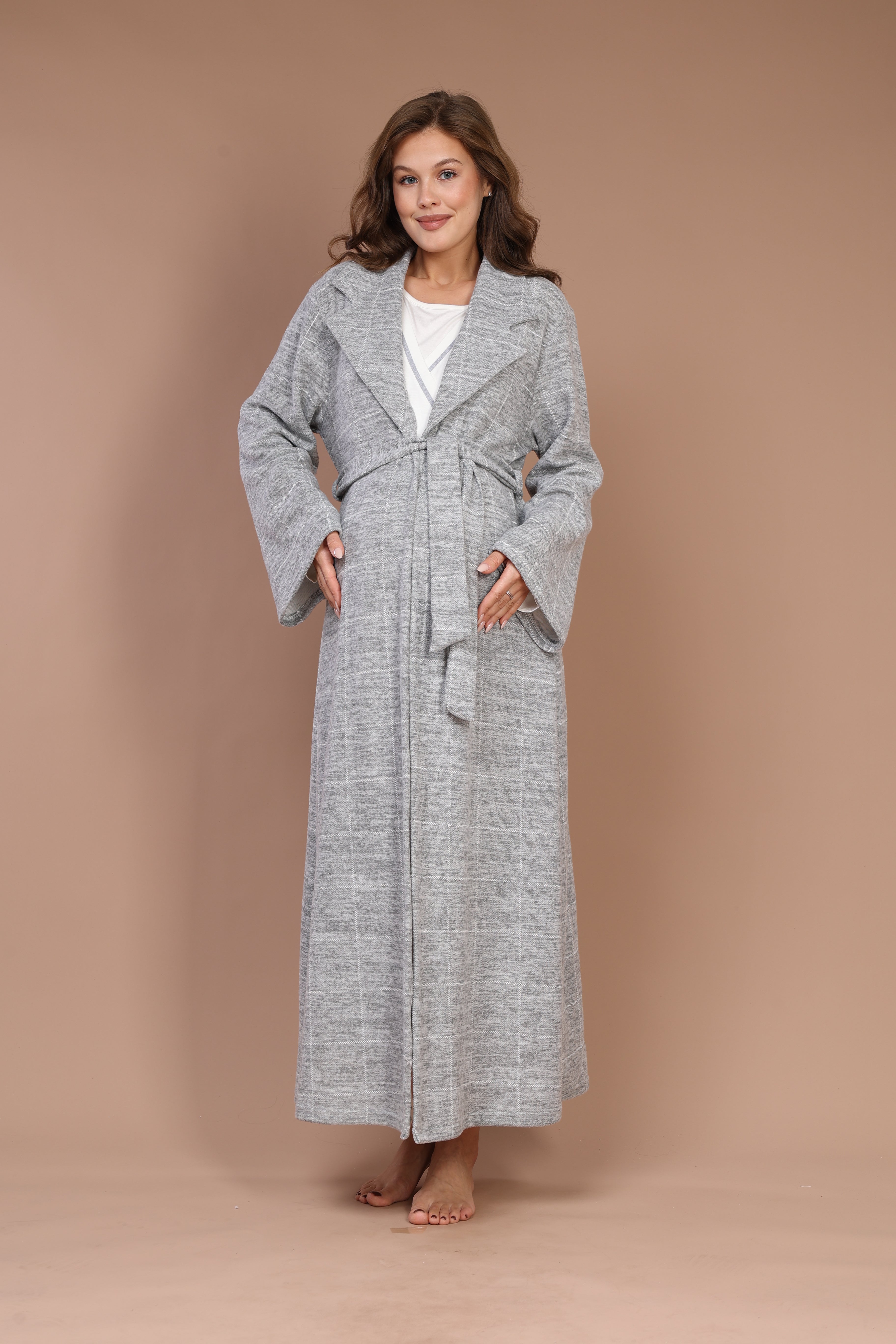 Gray-Piped Checkered Robe Set with Maternity Nightgown 613