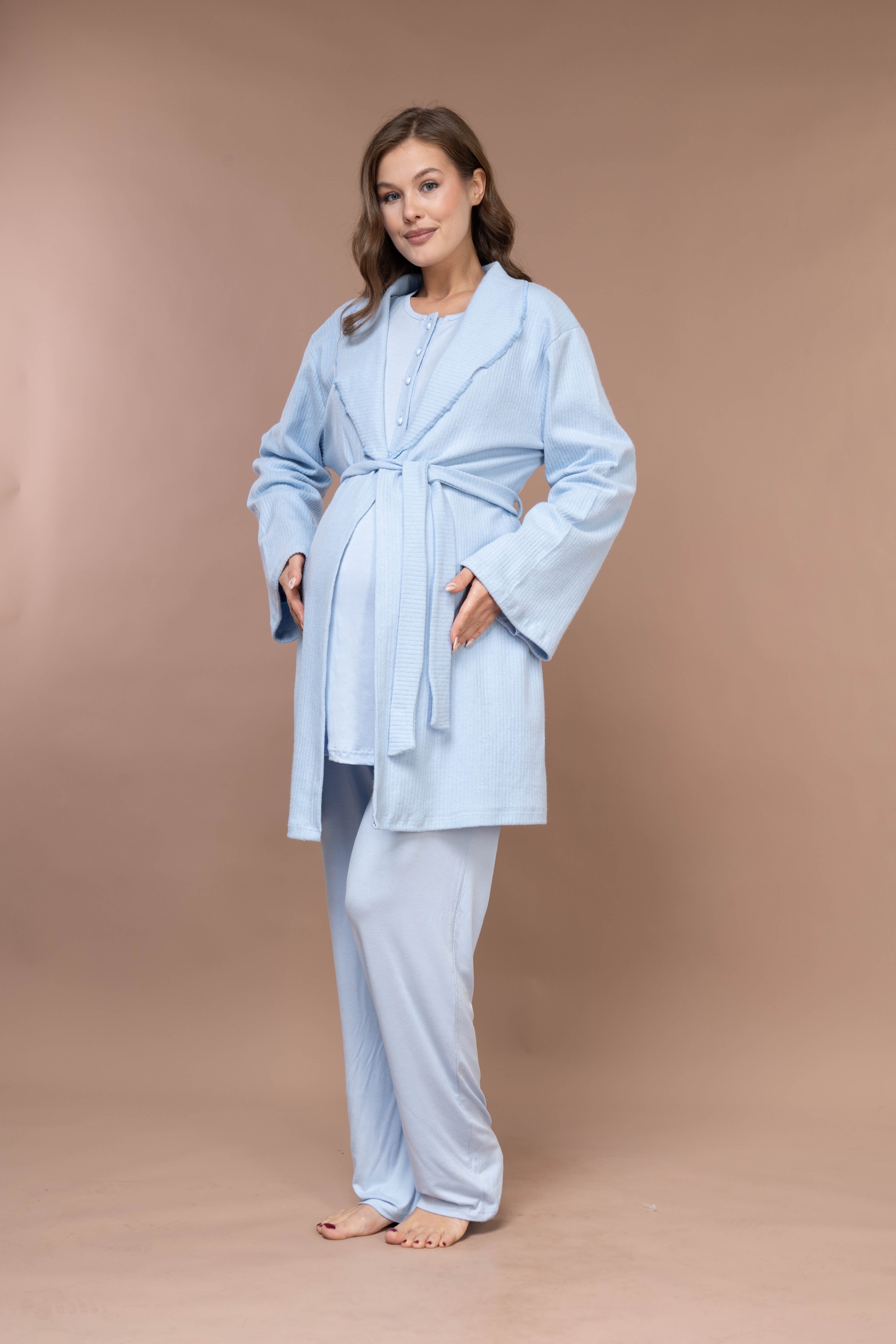 Front-Button Collar-Detail Robe Set with Maternity Pajama 626