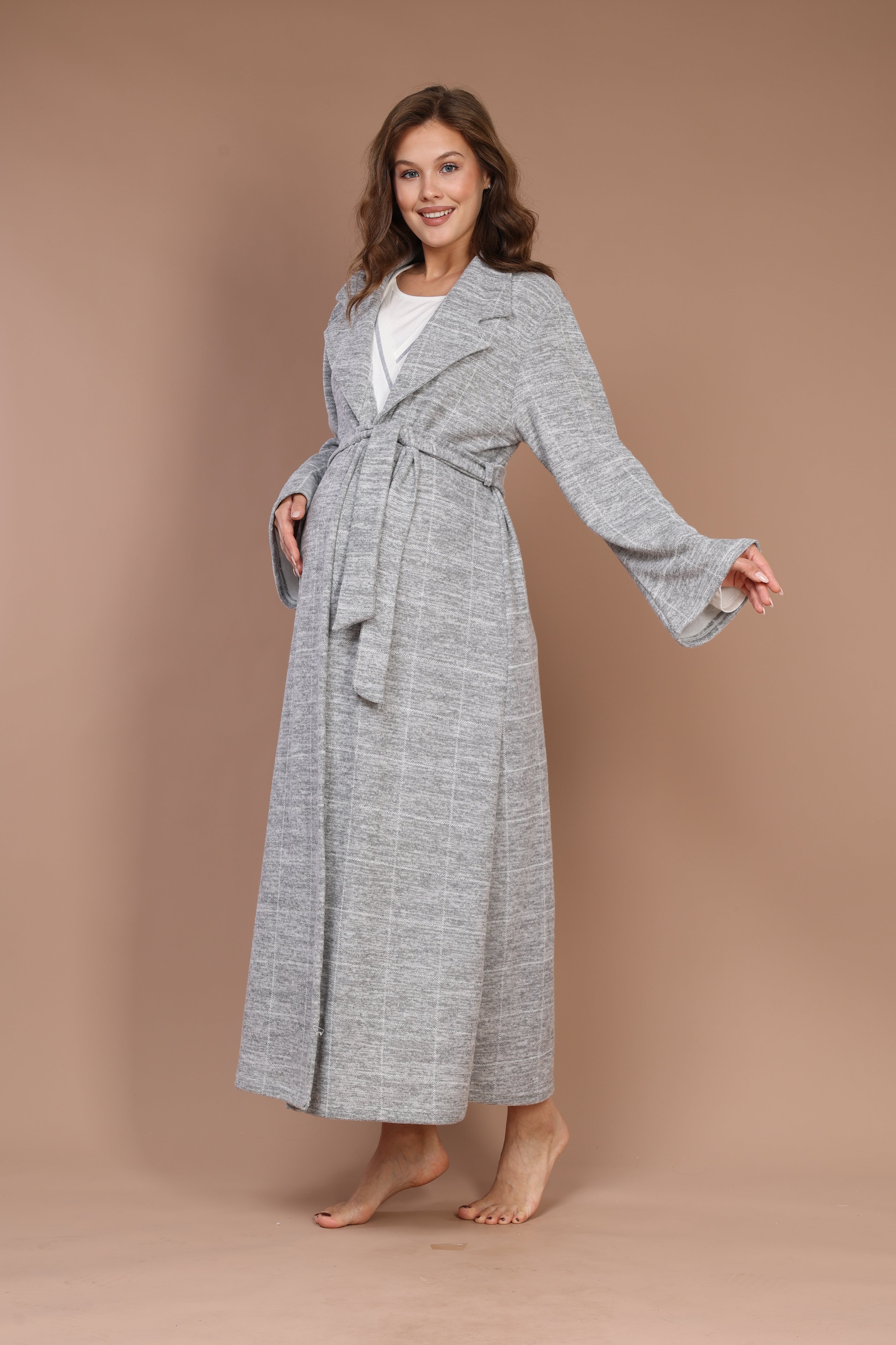 Gray-Piped Checkered Robe Set with Maternity Nightgown 613