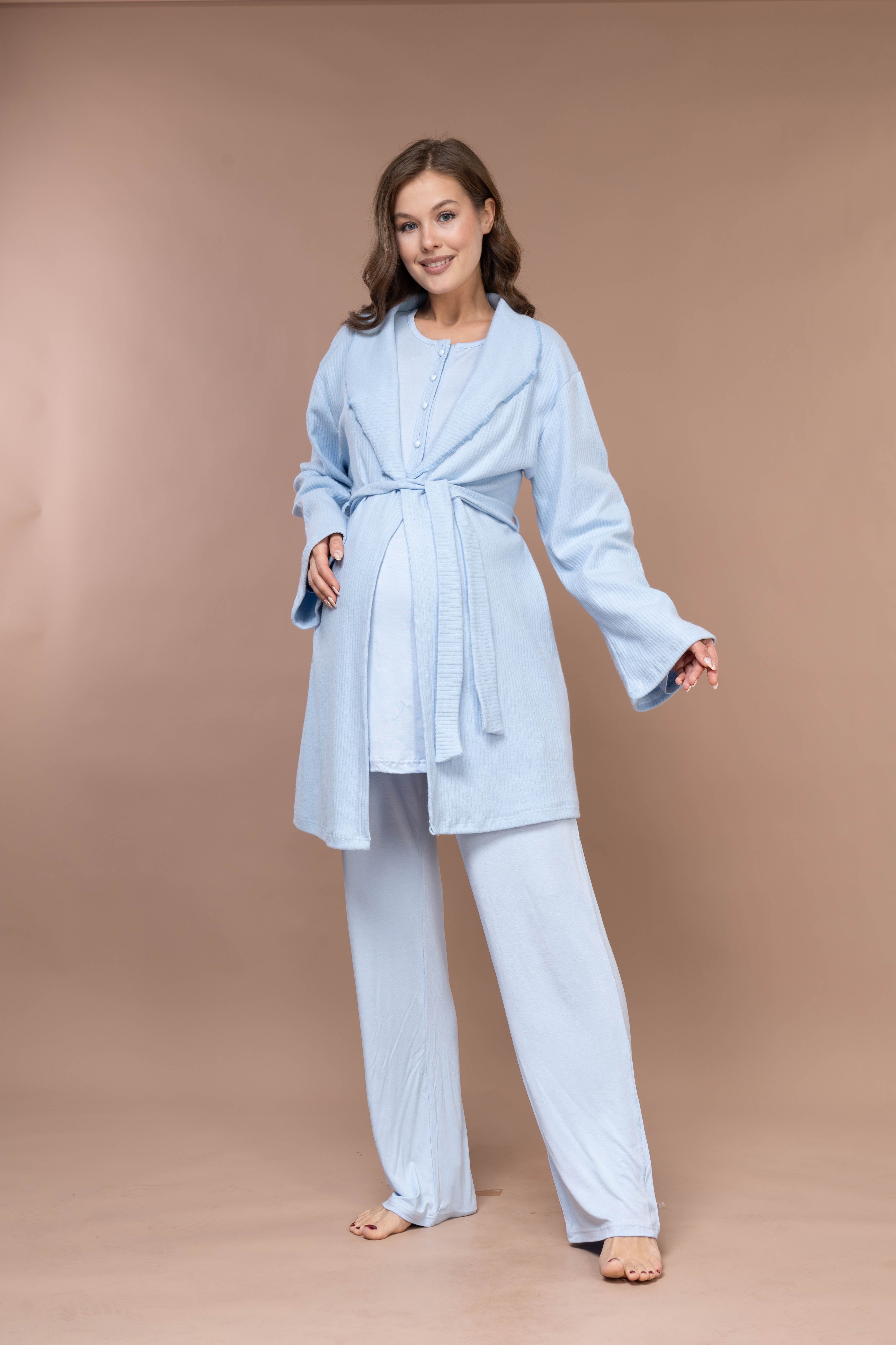 Front-Button Collar-Detail Robe Set with Maternity Pajama 626