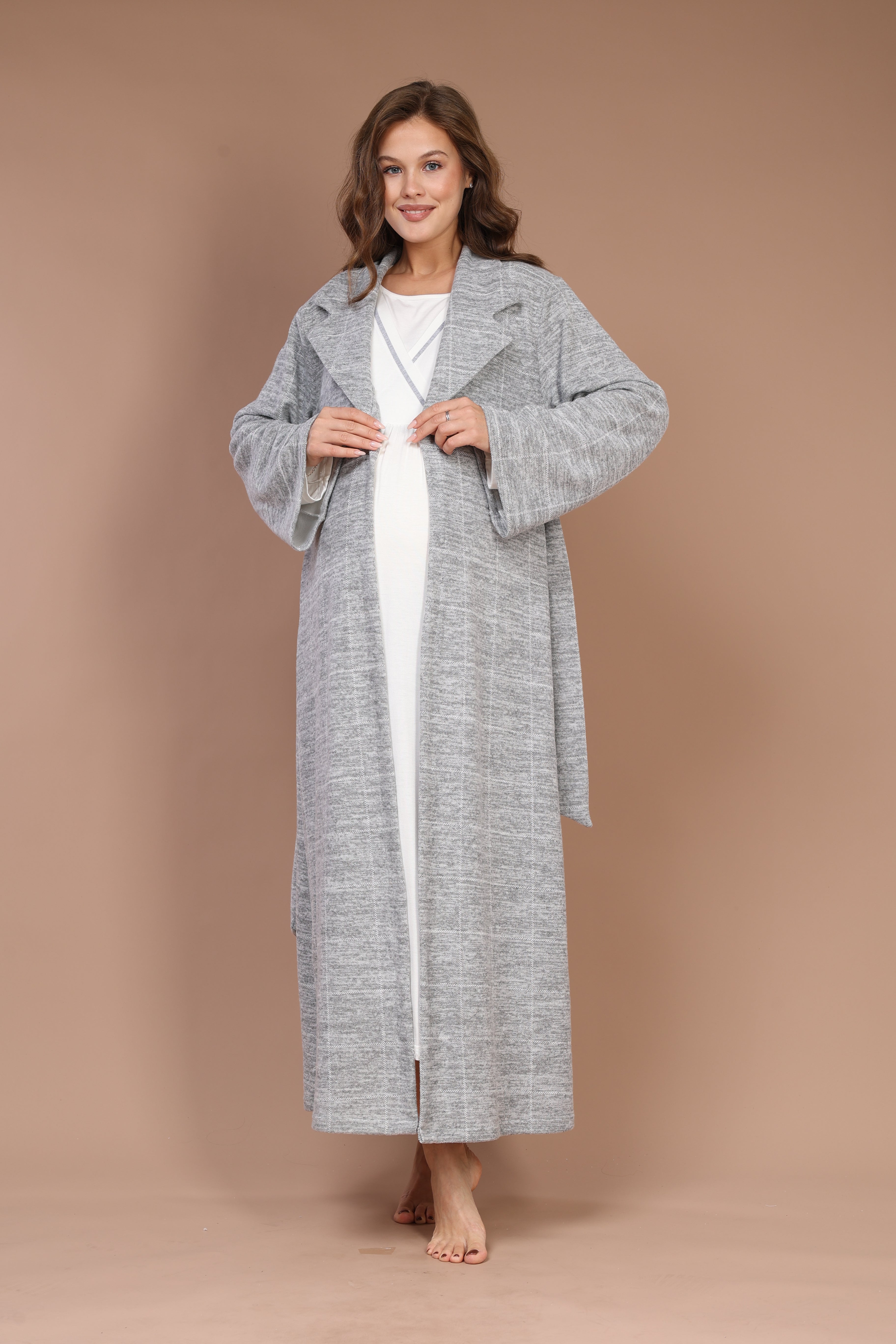 Gray-Piped Checkered Robe Set with Maternity Nightgown 613