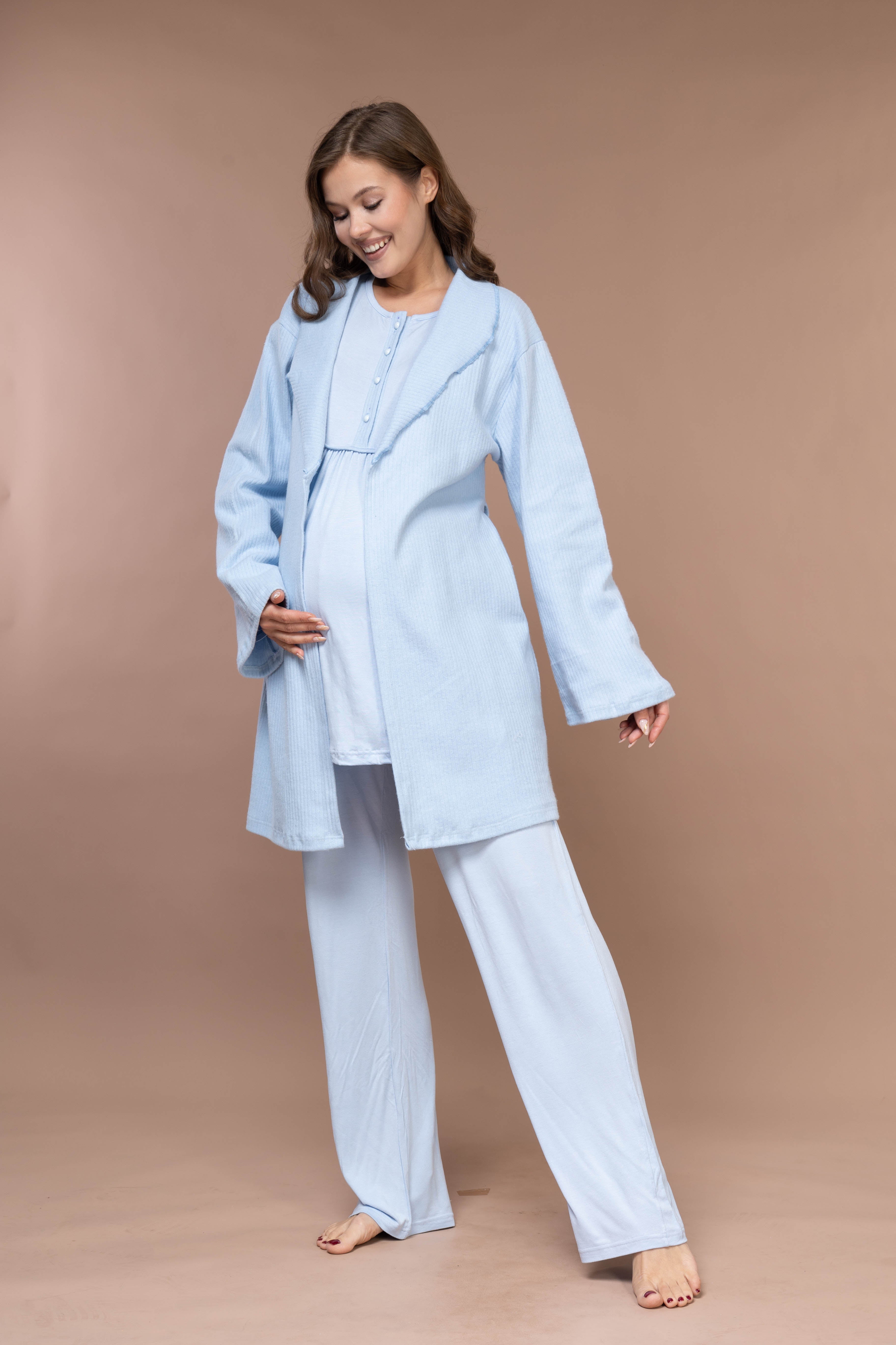 Front-Button Collar-Detail Robe Set with Maternity Pajama 626