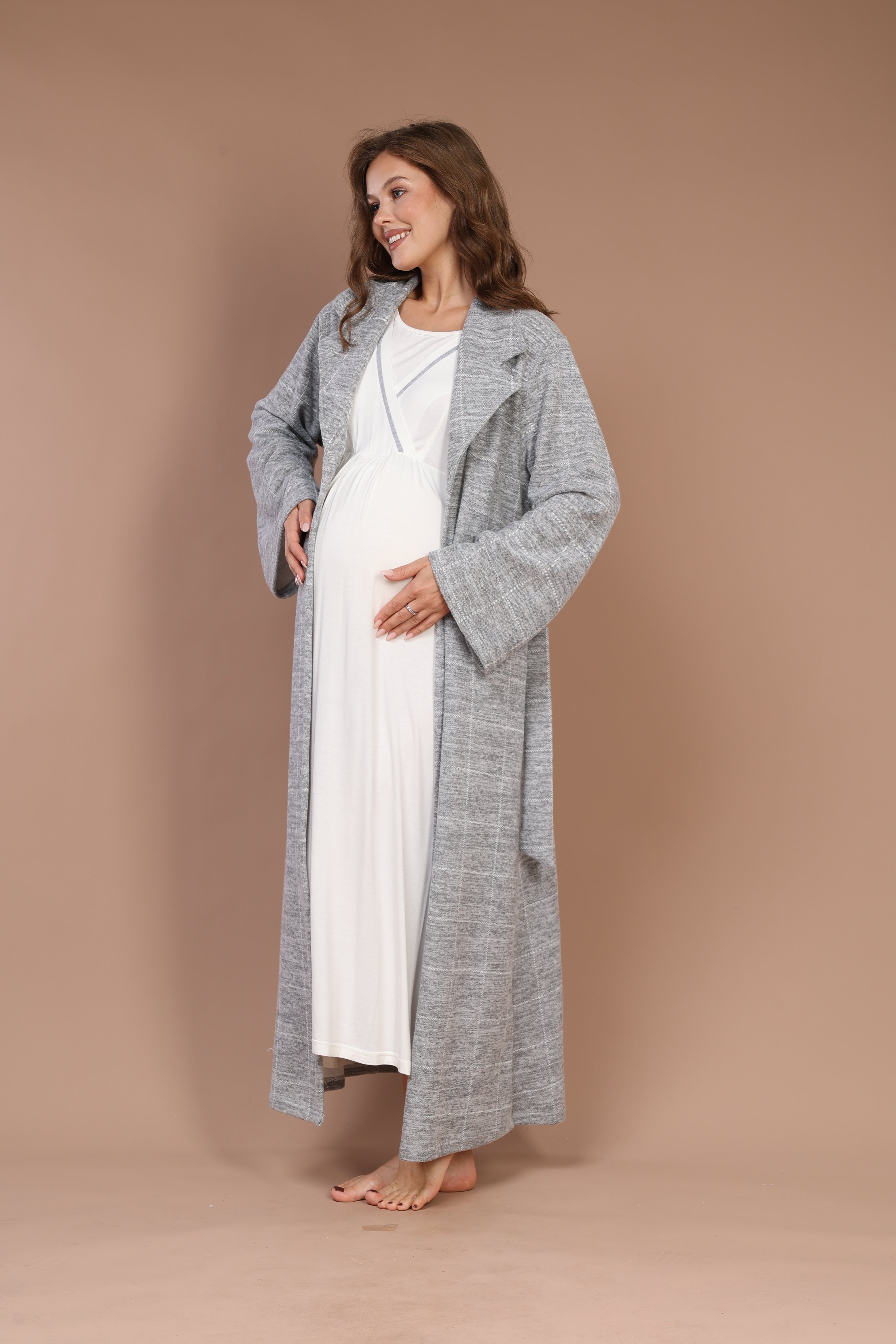 Gray-Piped Checkered Robe Set with Maternity Nightgown 613