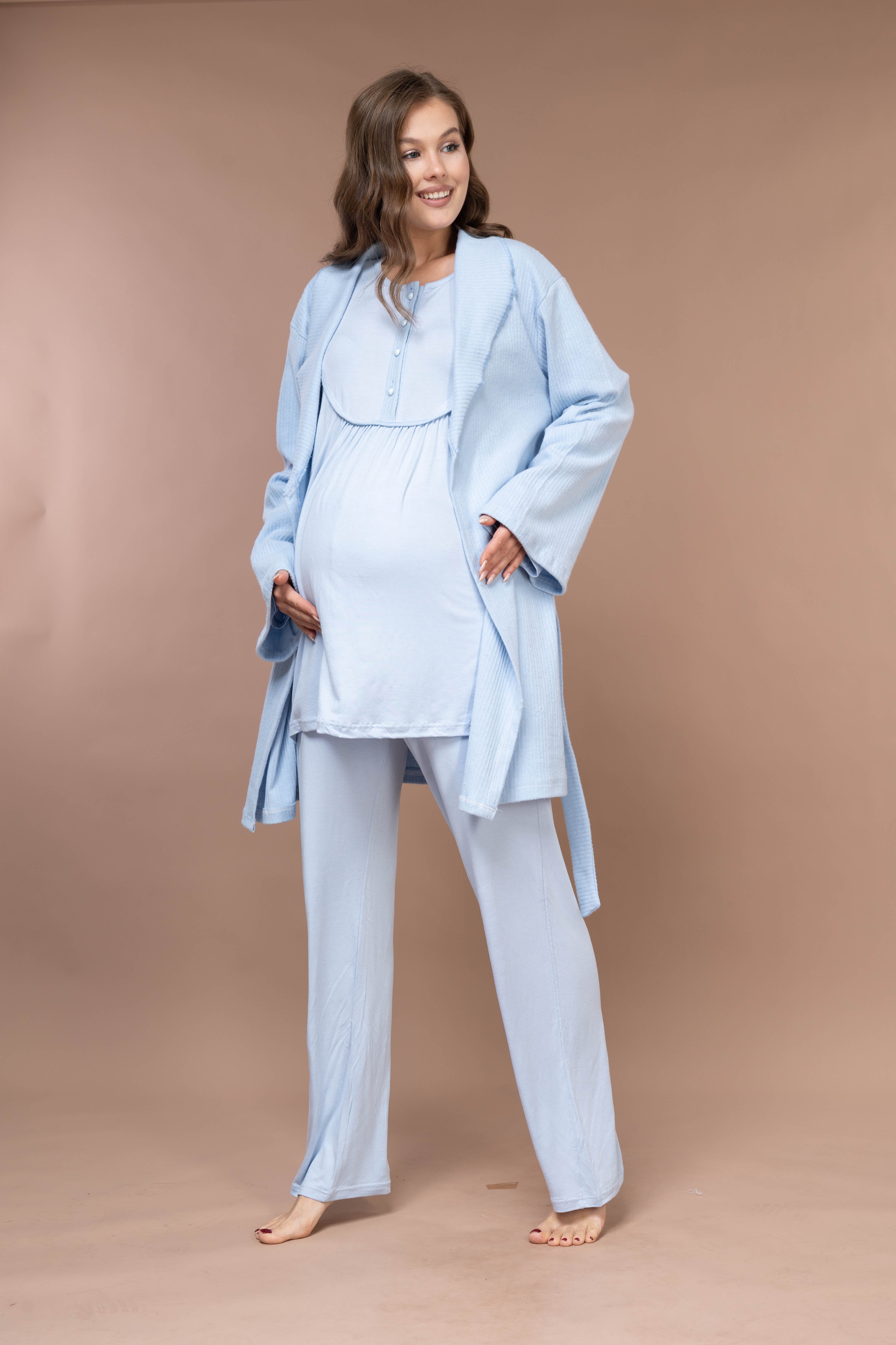 Front-Button Collar-Detail Robe Set with Maternity Pajama 626