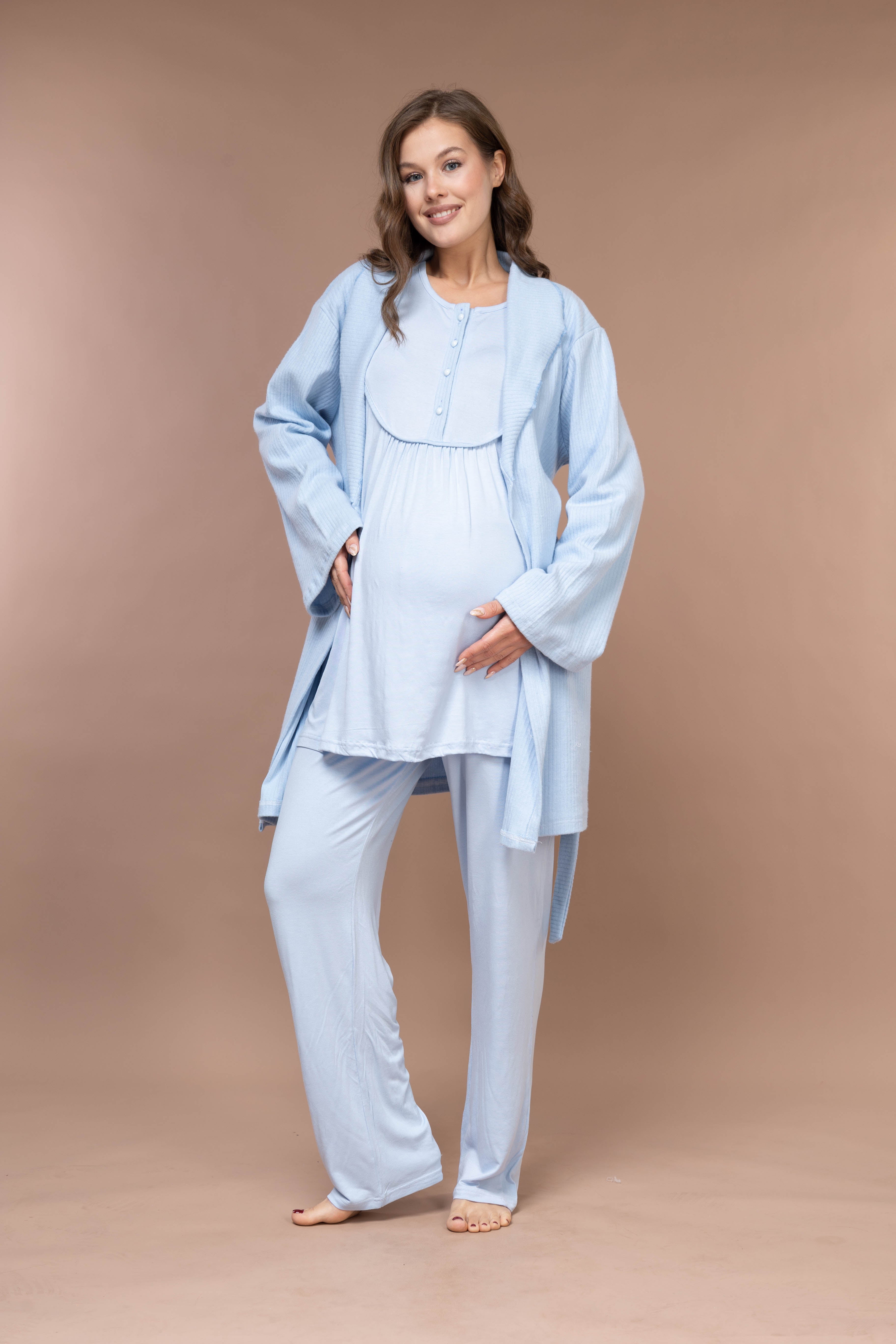 Front-Button Collar-Detail Robe Set with Maternity Pajama 626