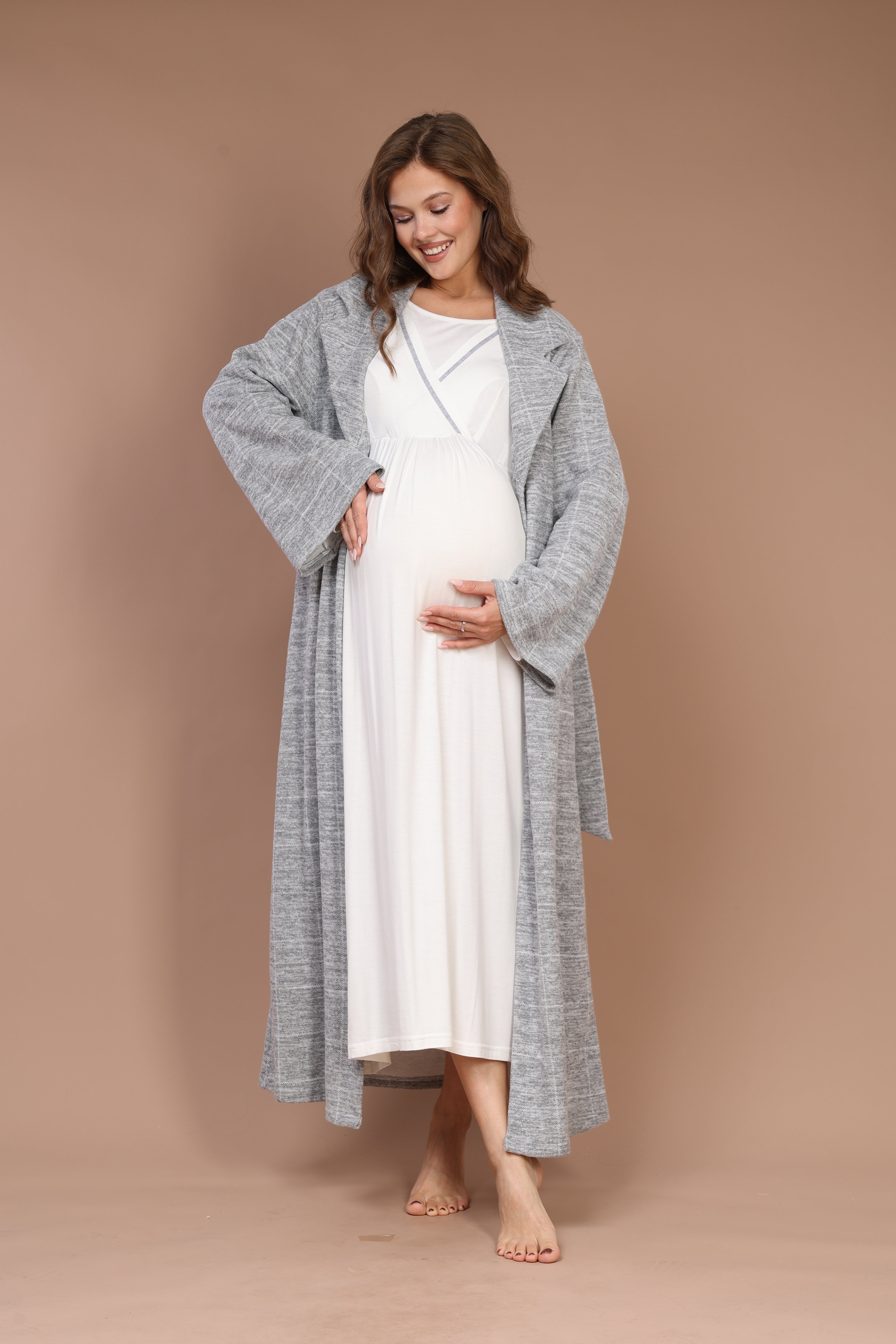 Gray-Piped Checkered Robe Set with Maternity Nightgown 613