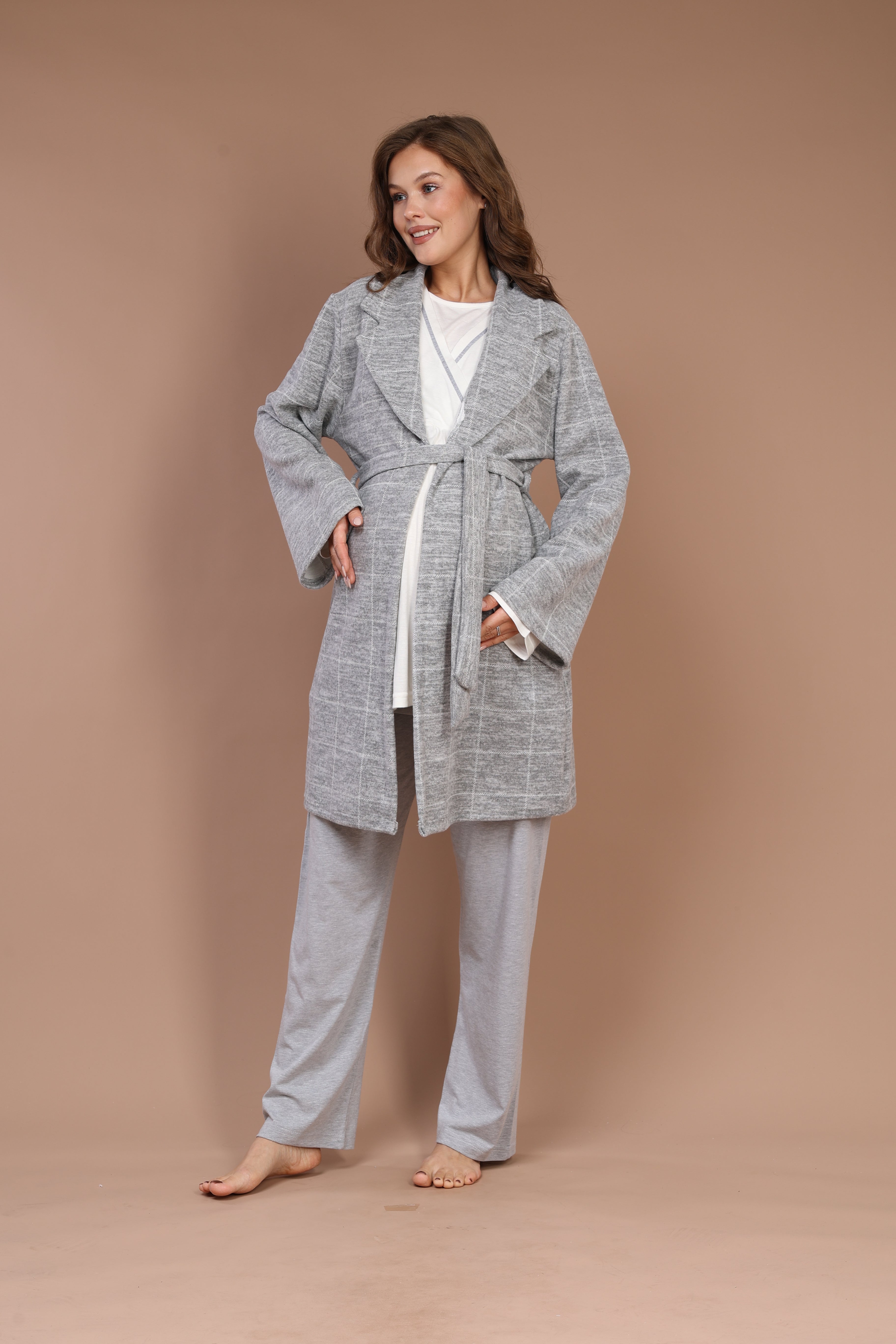 Hidden Nursing Feature Checkered Robe Set with Maternity Pajama 603