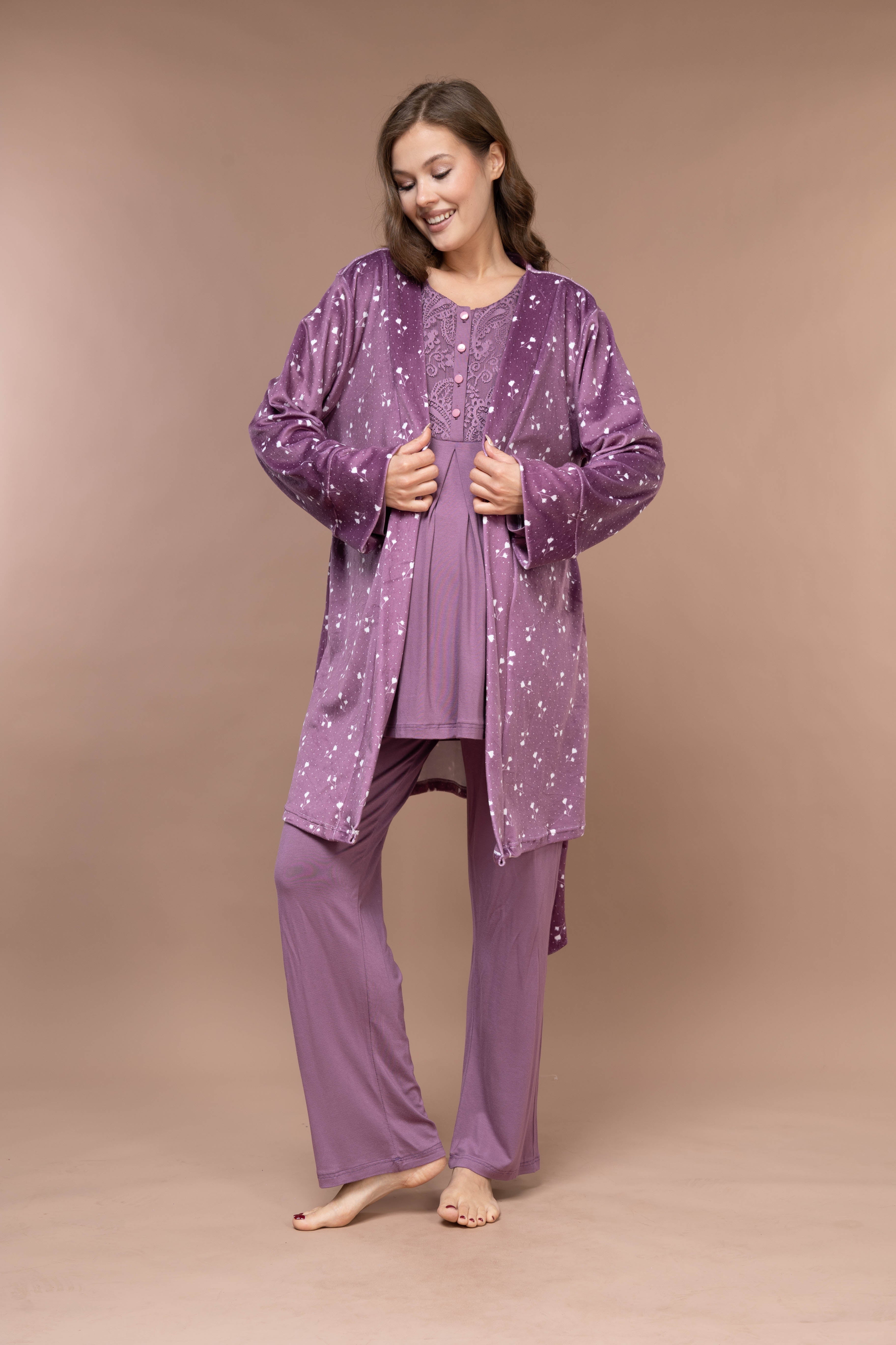 Floral-Pattern Front-Button Lace-Detail Robe Set with Maternity Pajama 628