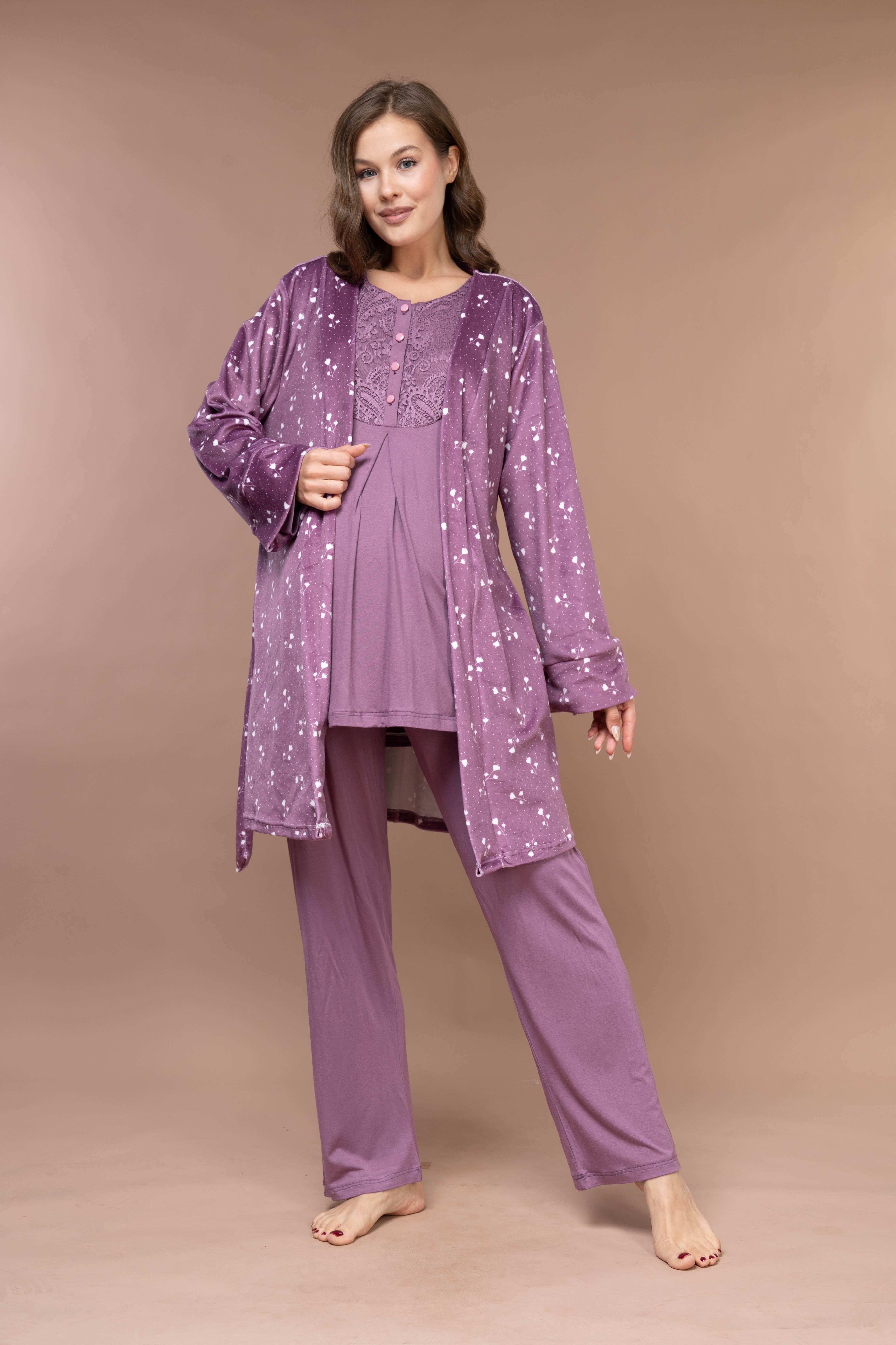 Floral-Pattern Front-Button Lace-Detail Robe Set with Maternity Pajama 628