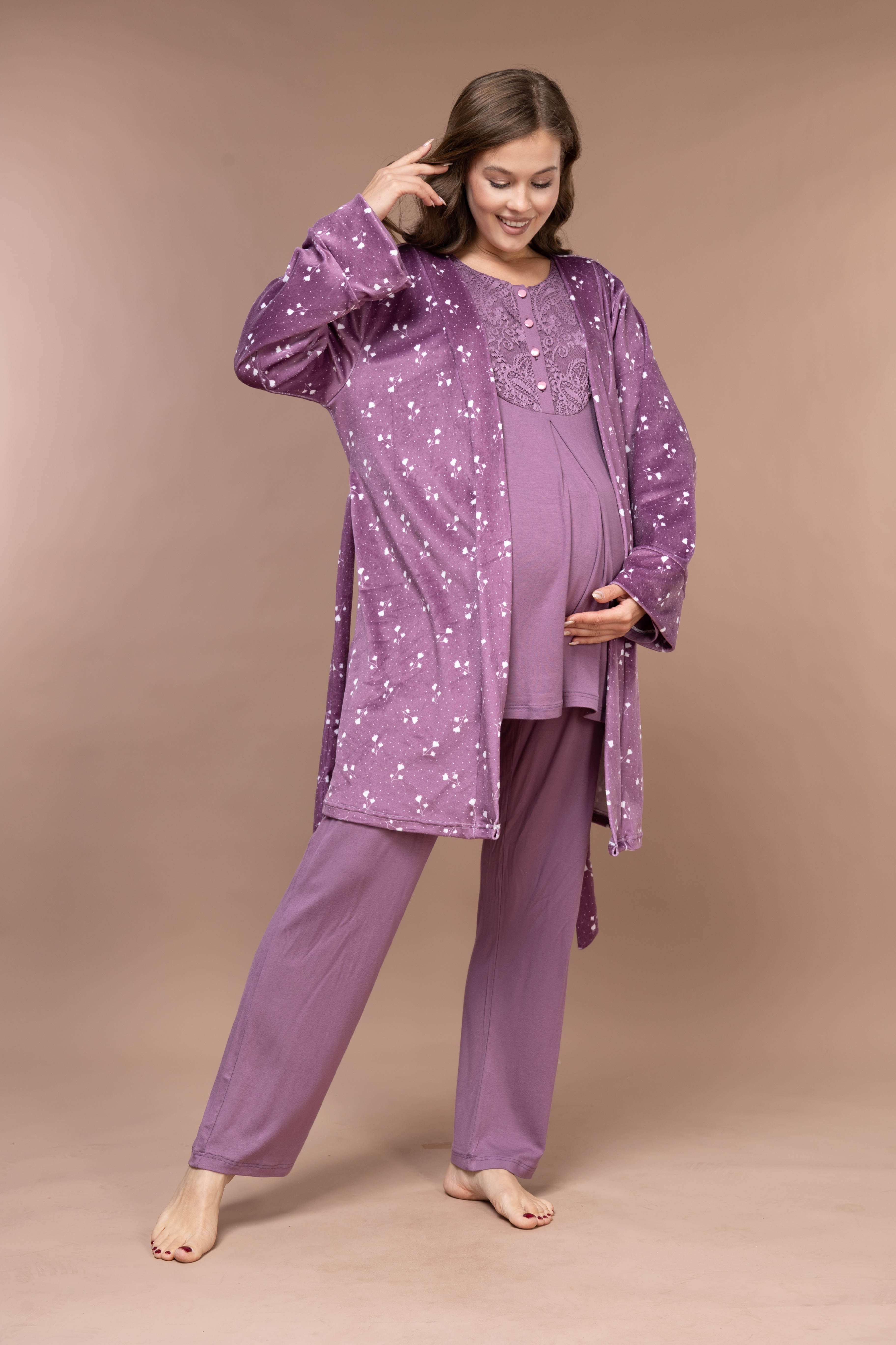 Floral-Pattern Front-Button Lace-Detail Robe Set with Maternity Pajama 628