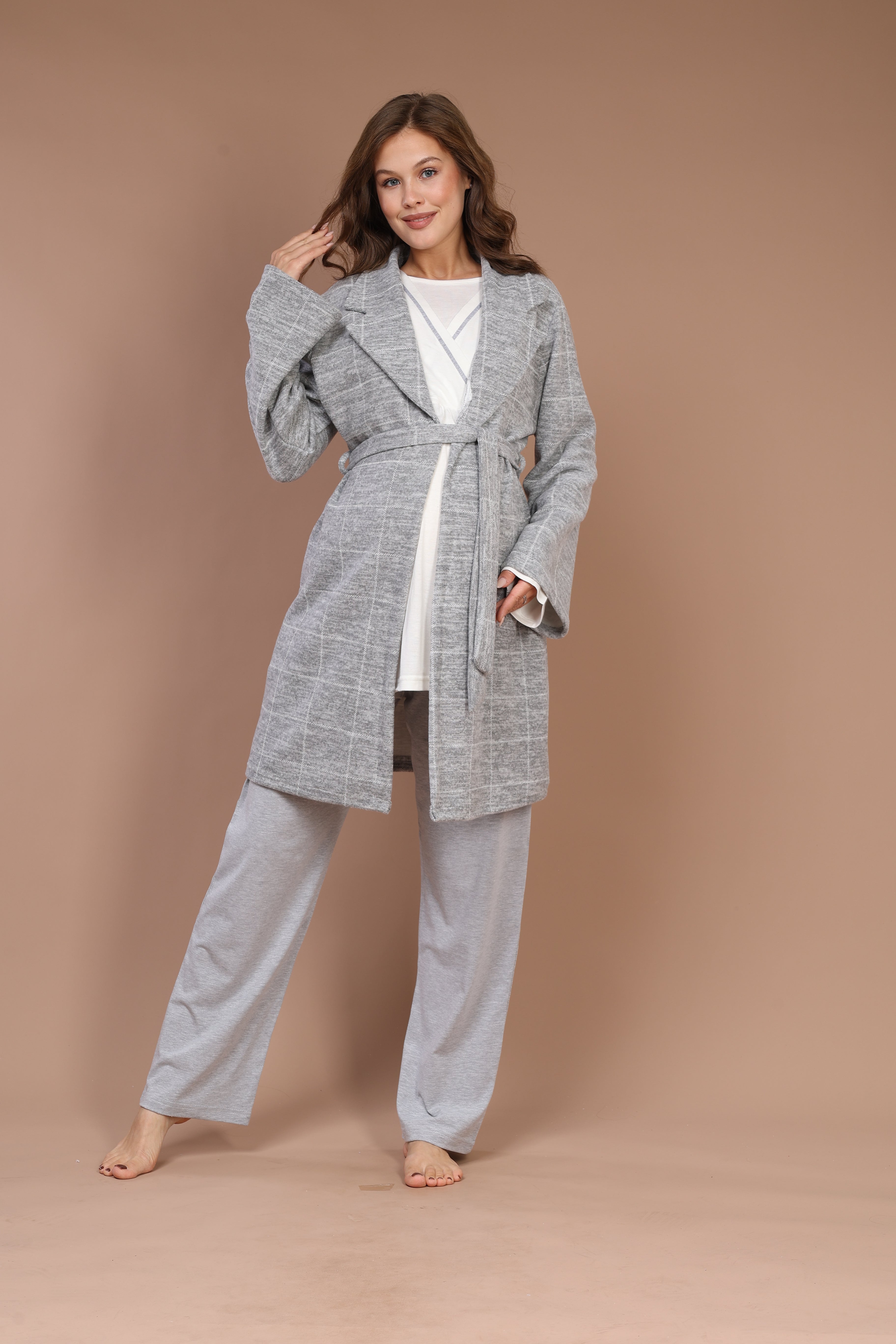 Hidden Nursing Feature Checkered Robe Set with Maternity Pajama 603