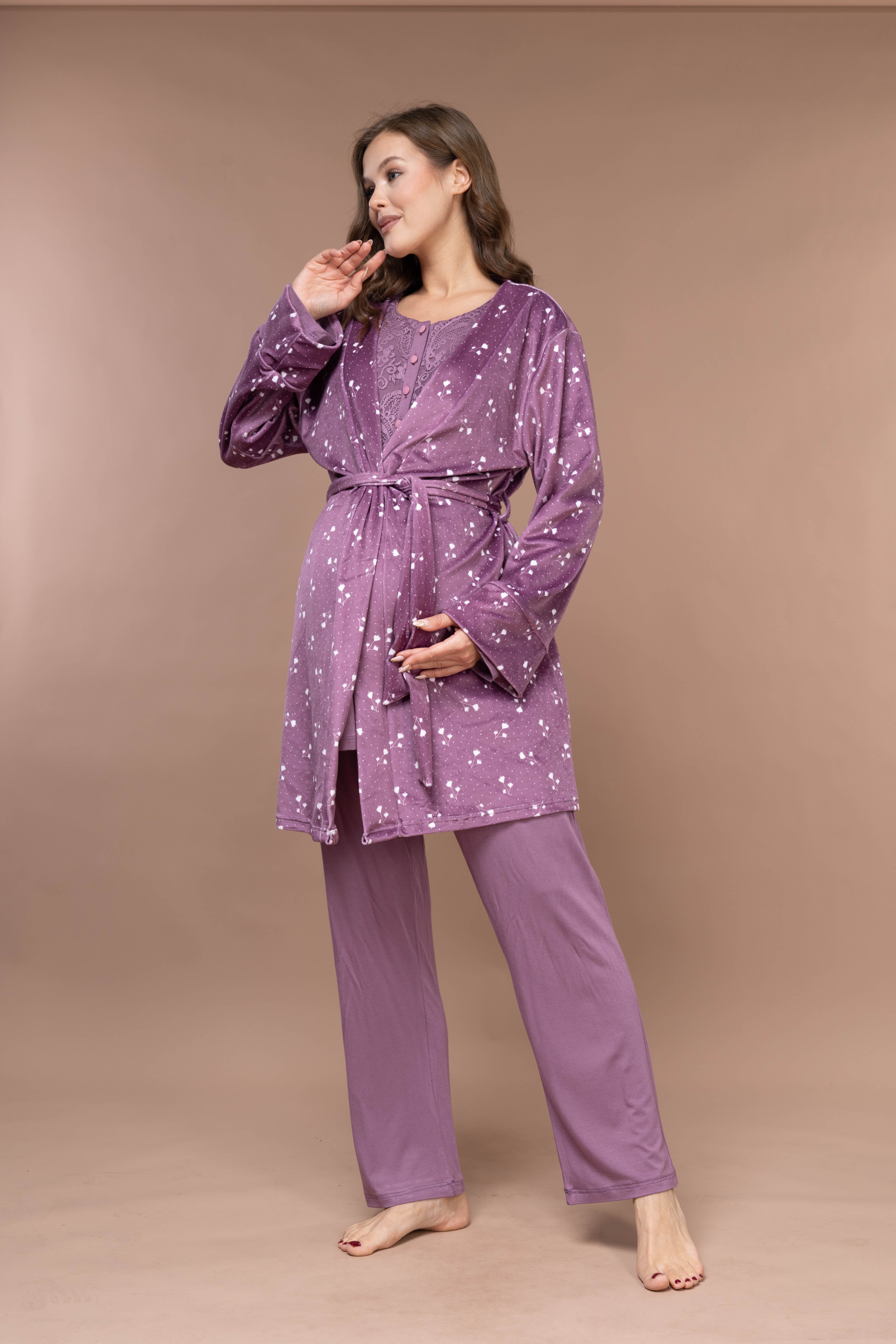 Floral-Pattern Front-Button Lace-Detail Robe Set with Maternity Pajama 628