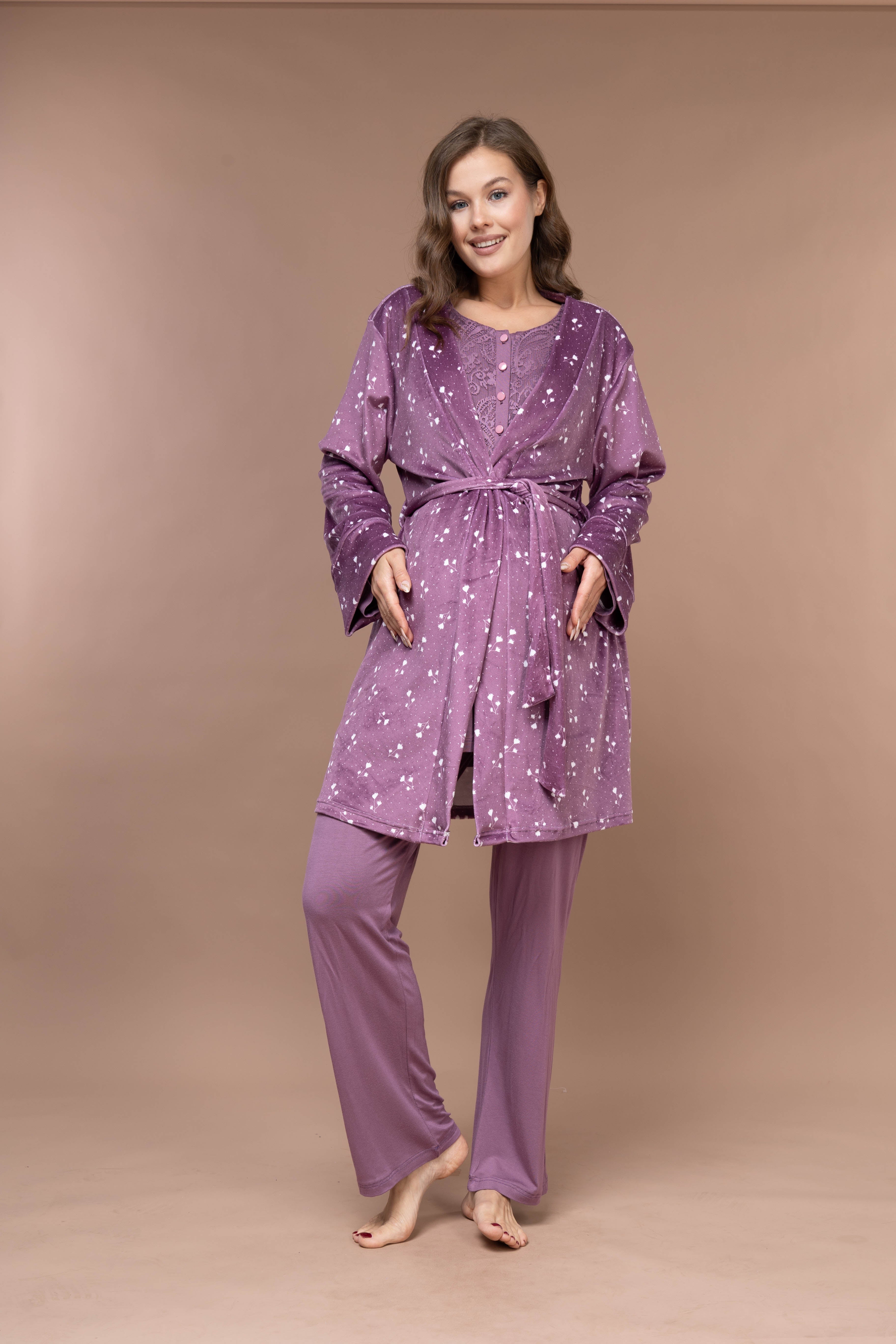 Floral-Pattern Front-Button Lace-Detail Robe Set with Maternity Pajama 628