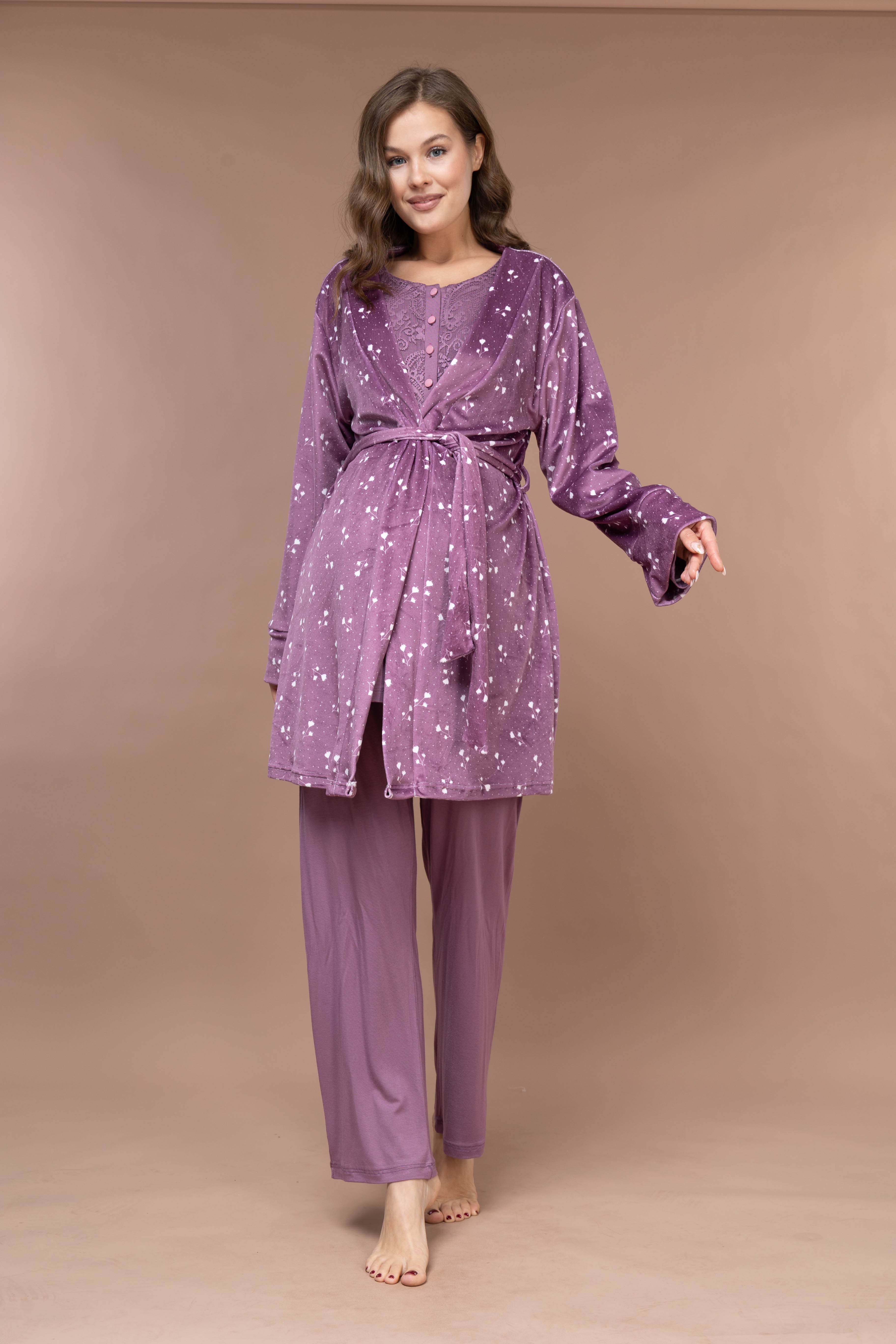 Floral-Pattern Front-Button Lace-Detail Robe Set with Maternity Pajama 628