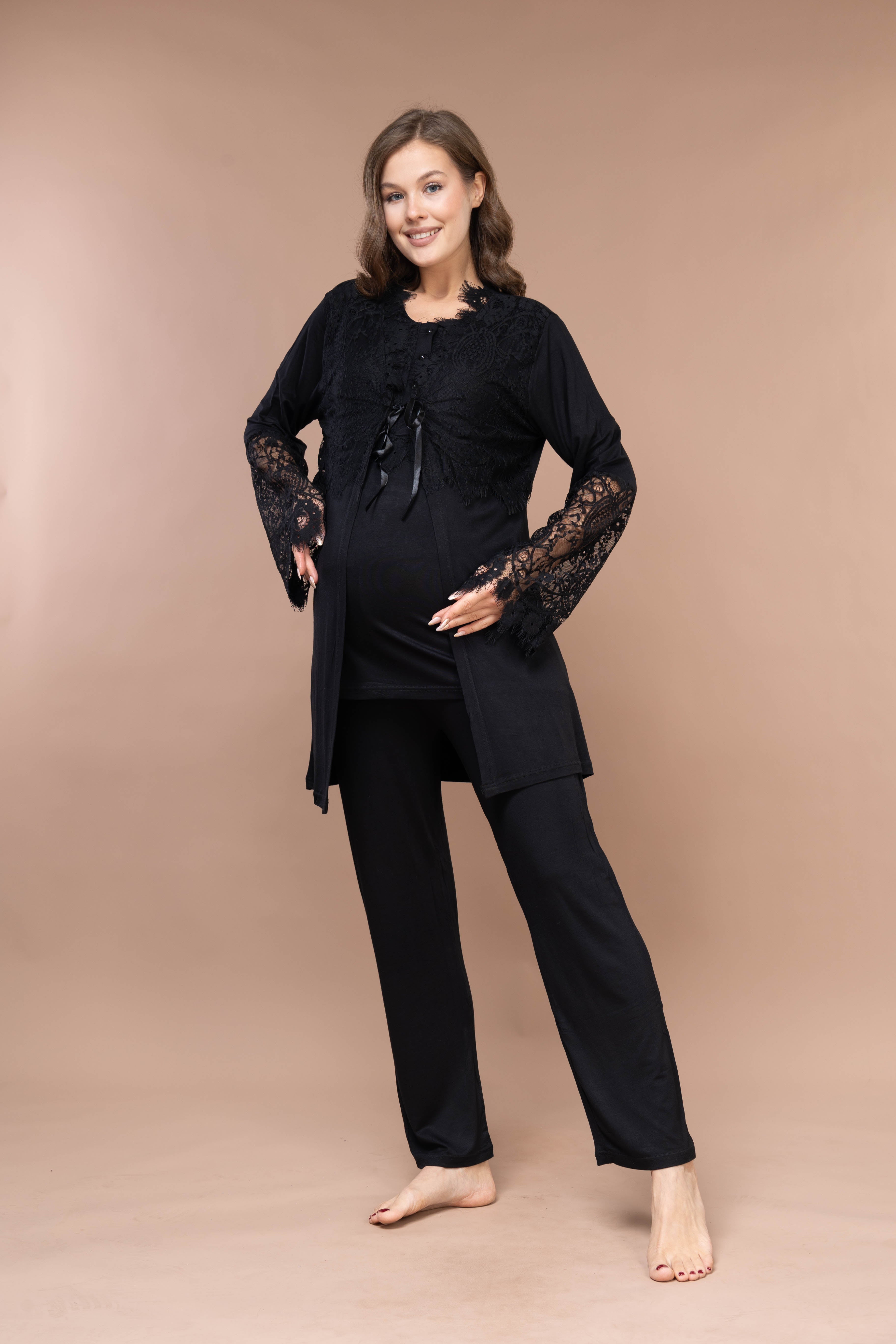 Front-Button Lace-Detail Robe Set with Maternity Pajama 2365