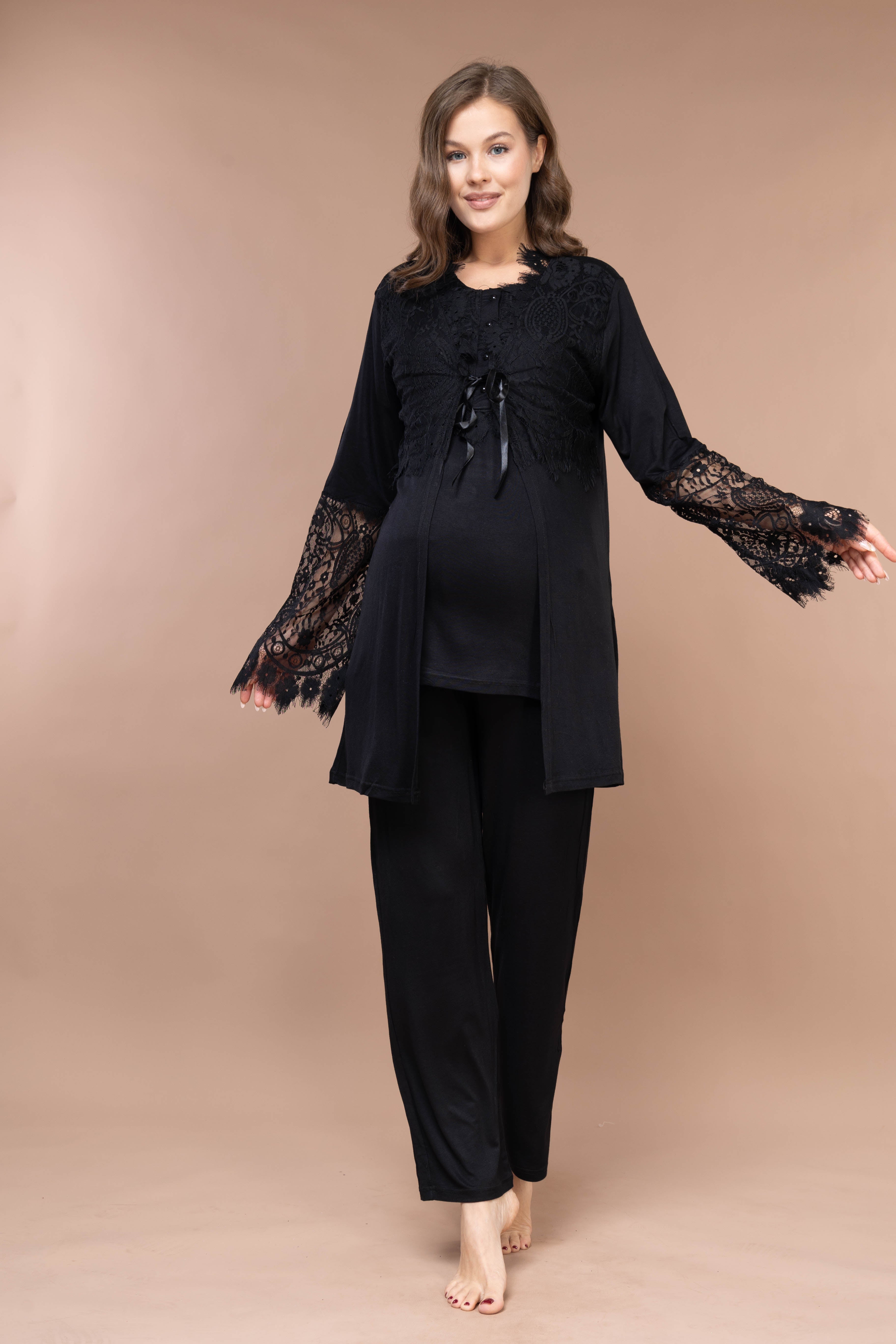 Front-Button Lace-Detail Robe Set with Maternity Pajama 2365