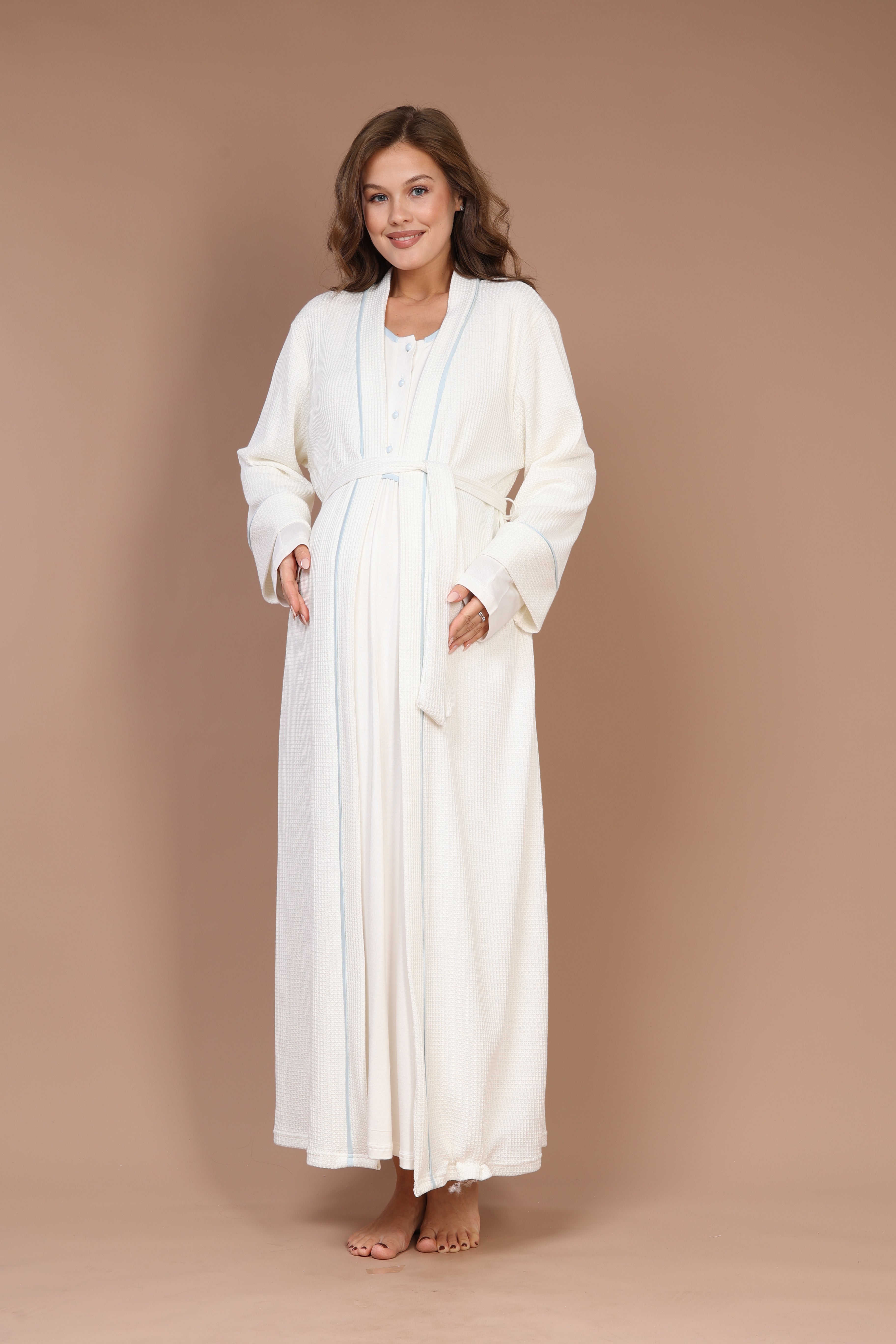 Blue-Piped Front-Button Maternity Nightgown Set 601