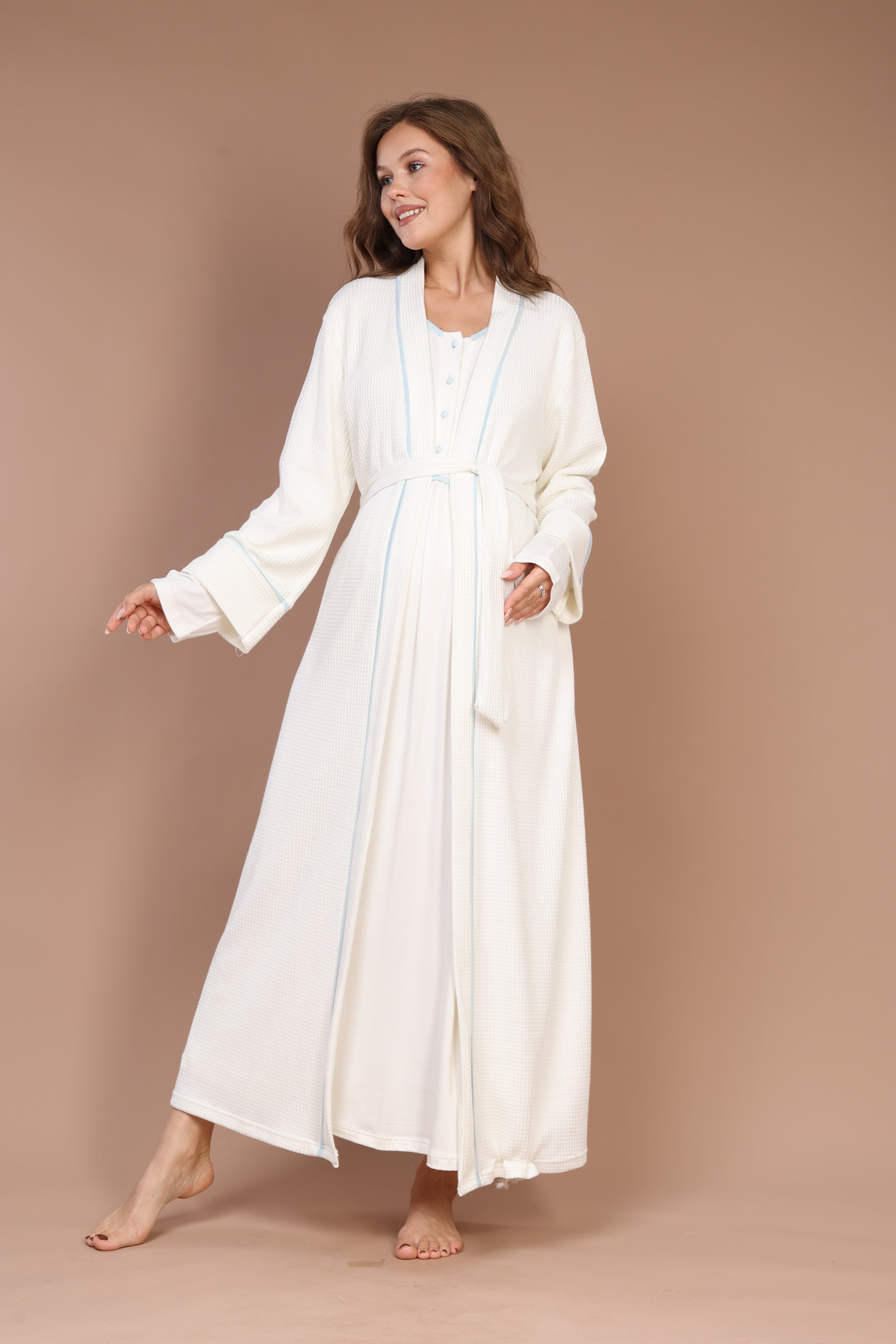 Blue-Piped Front-Button Maternity Nightgown Set 601