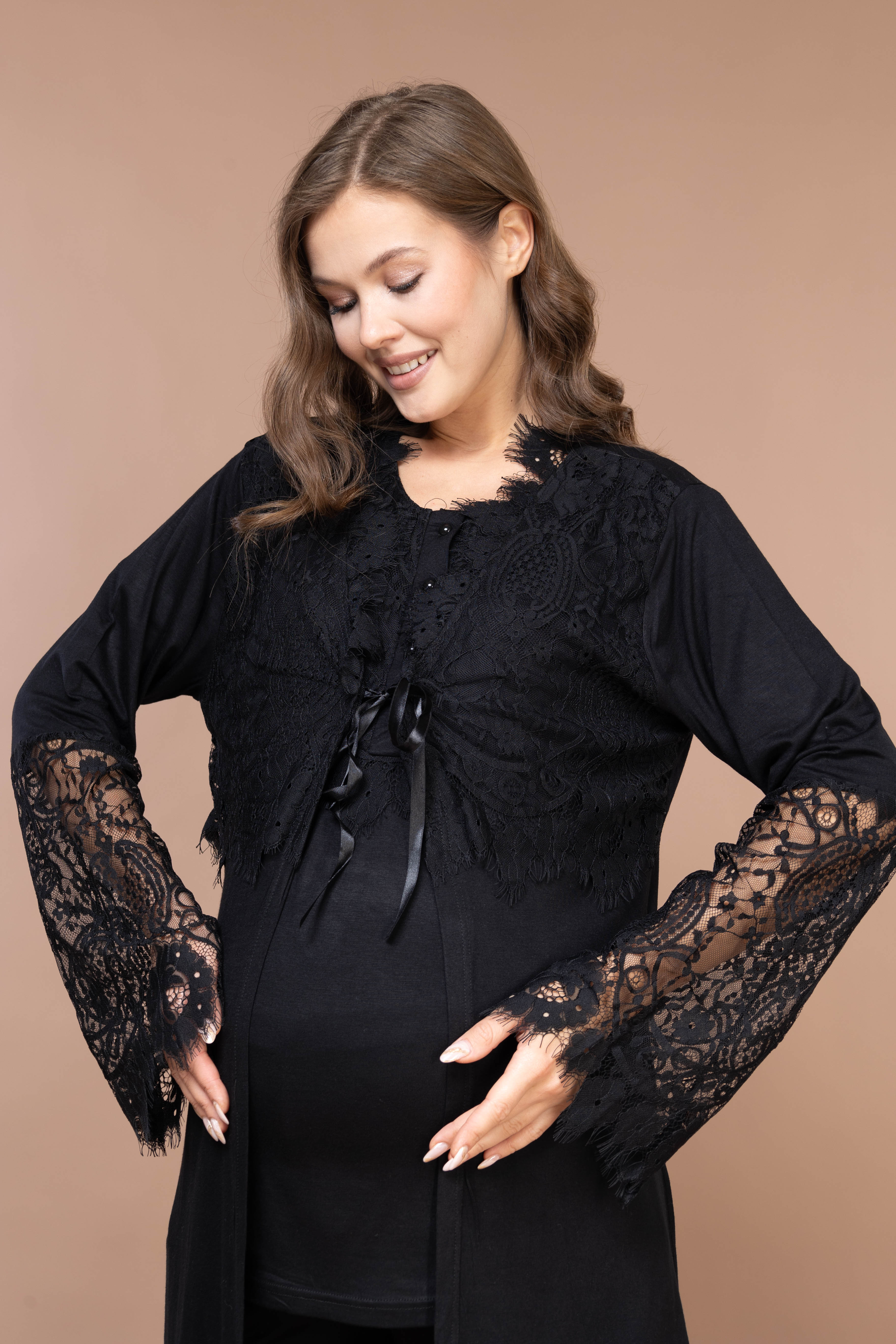 Front-Button Lace-Detail Robe Set with Maternity Pajama 2365