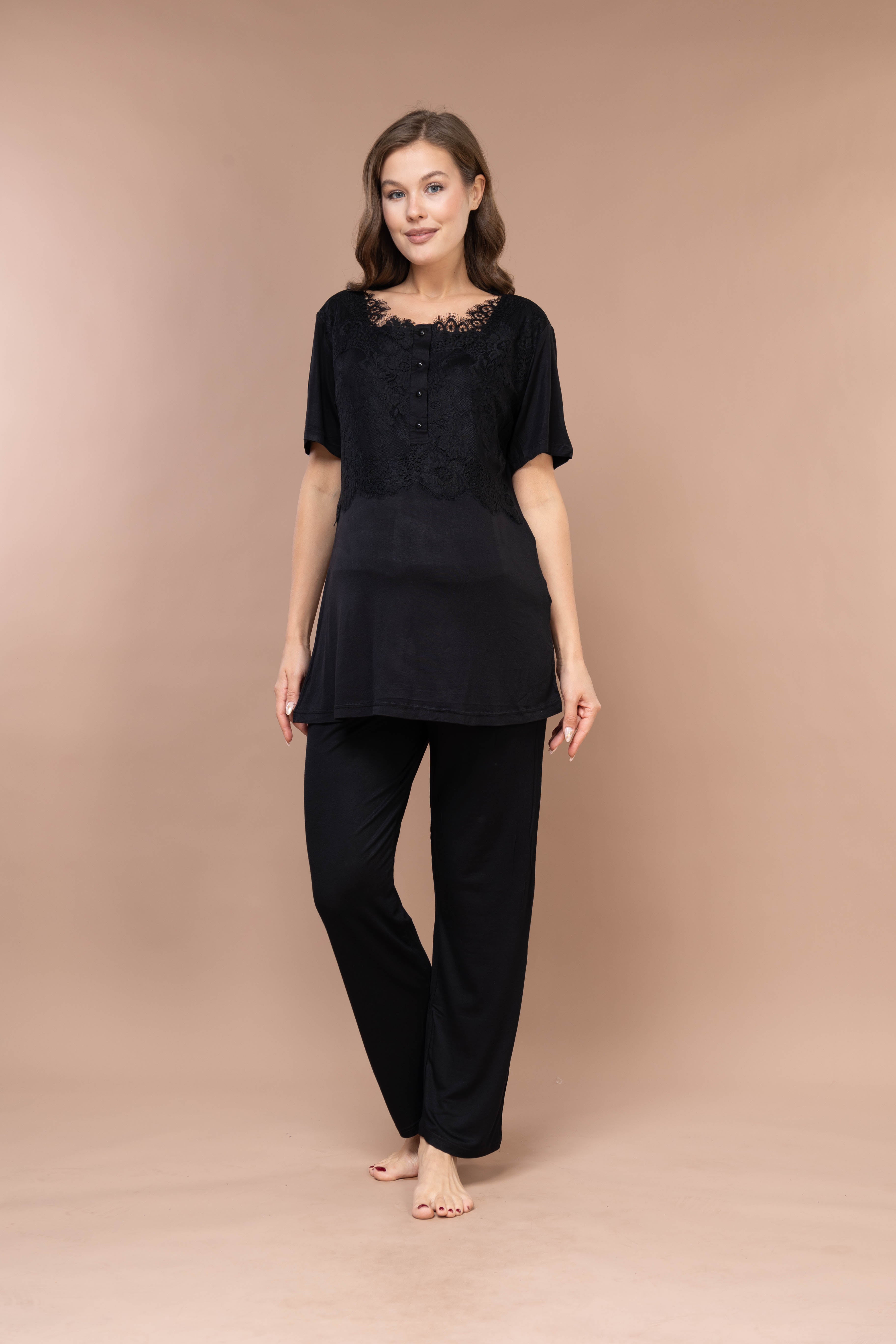 Lace-Sleeve Robe Set with Lace-Trimmed Maternity Pajama 2383