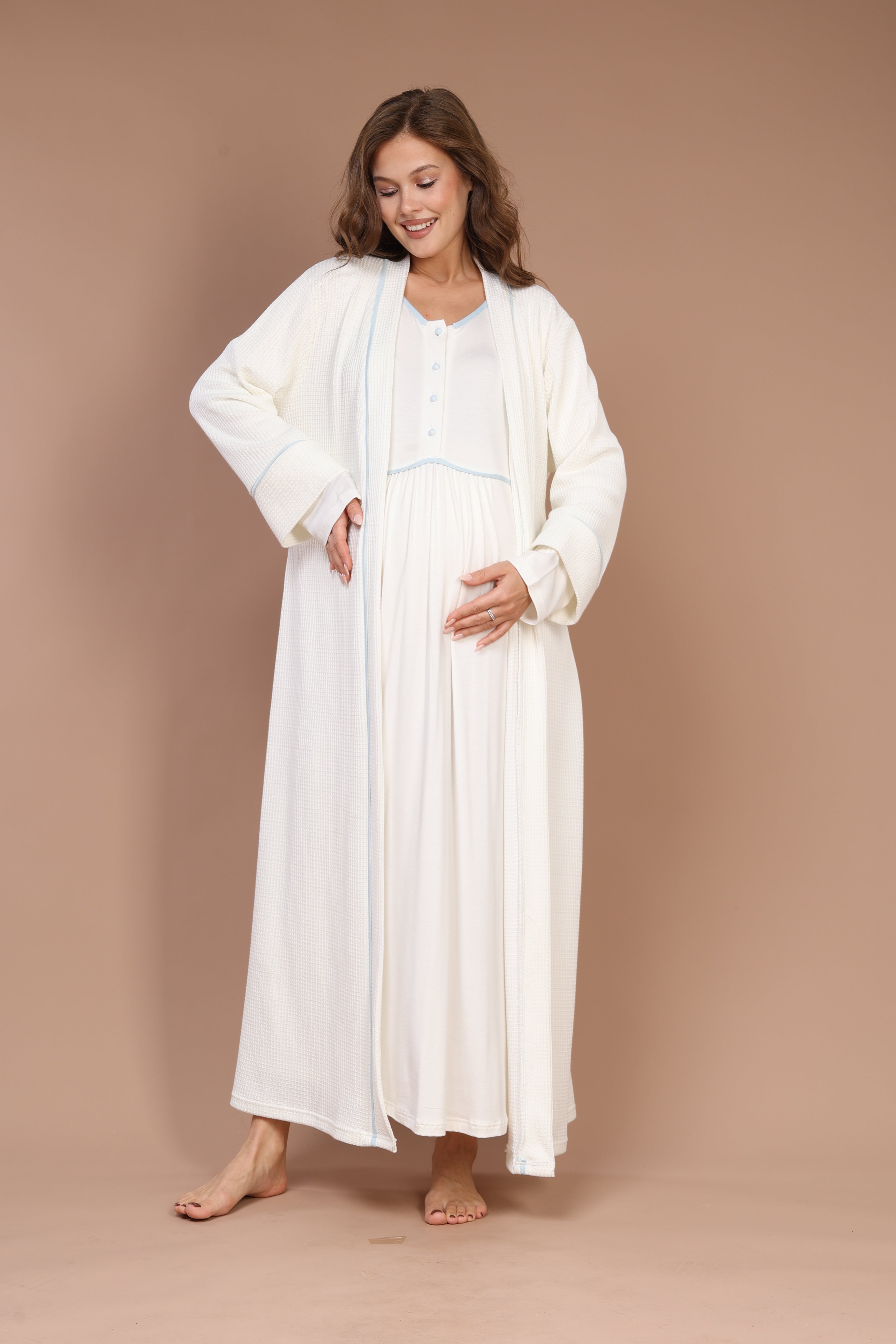 Blue-Piped Front-Button Maternity Nightgown Set 601