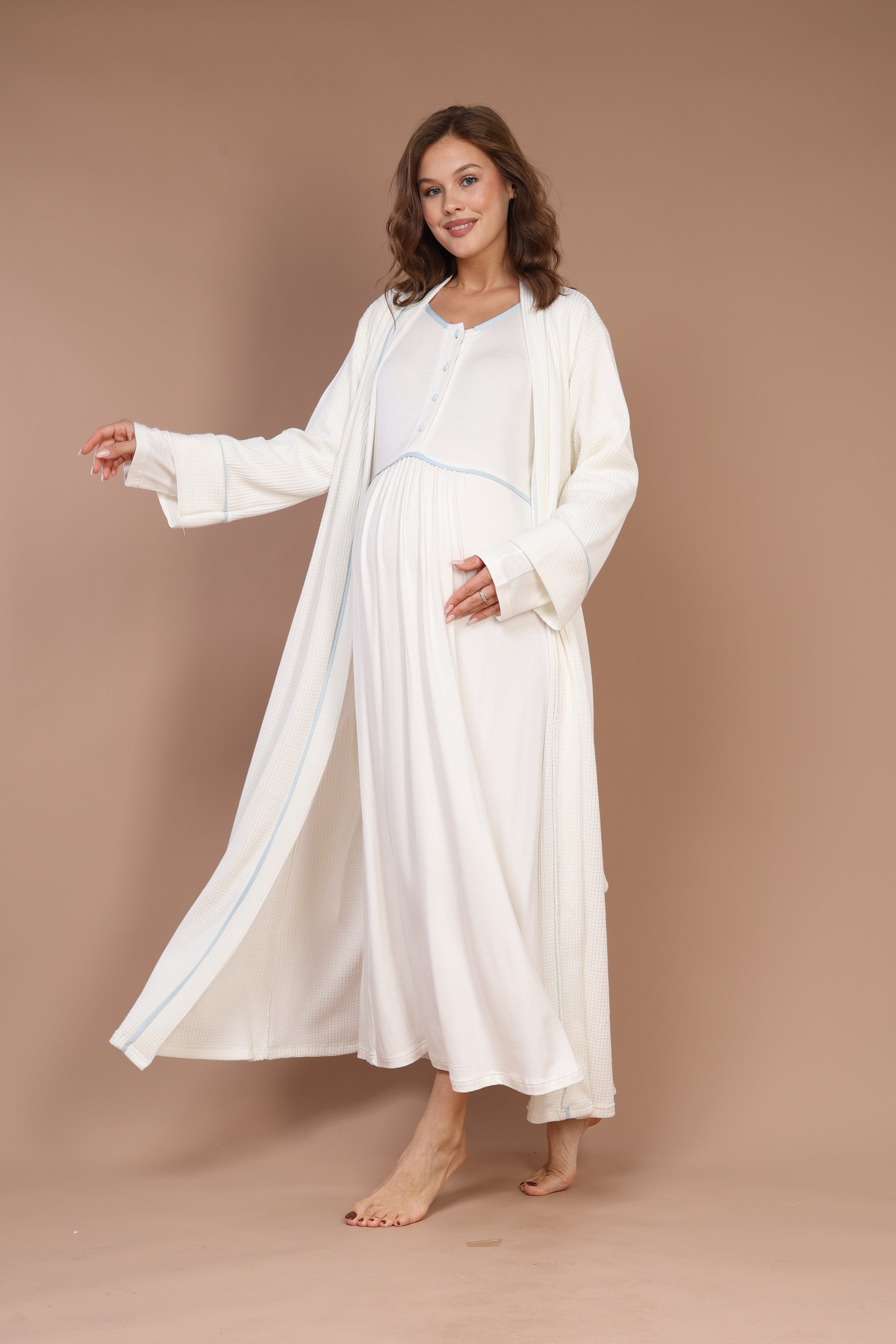 Blue-Piped Front-Button Maternity Nightgown Set 601